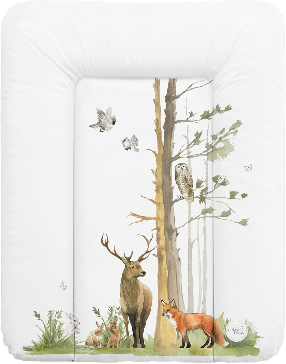 Weiche Wickelauflage mit Waldtier-Motiv. Weiß mit Reh, Fuchs, Eule und Hasen. Abgerundete Form.