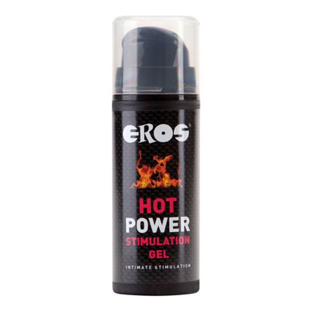 Schwarze Flasche mit Dosierpumpe. Aufschrift: EROS, HOT POWER STIMULATION GEL, Intimate Stimulation. Flammen-Grafik.