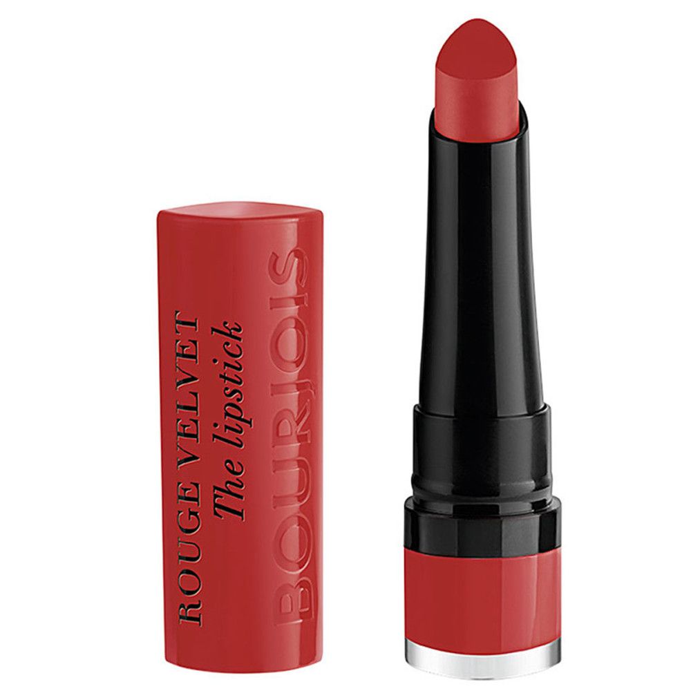 Bourjois Rouge Velvet The Lipstick, geöffnet. Roter Lippenstift neben der geöffneten Hülse.