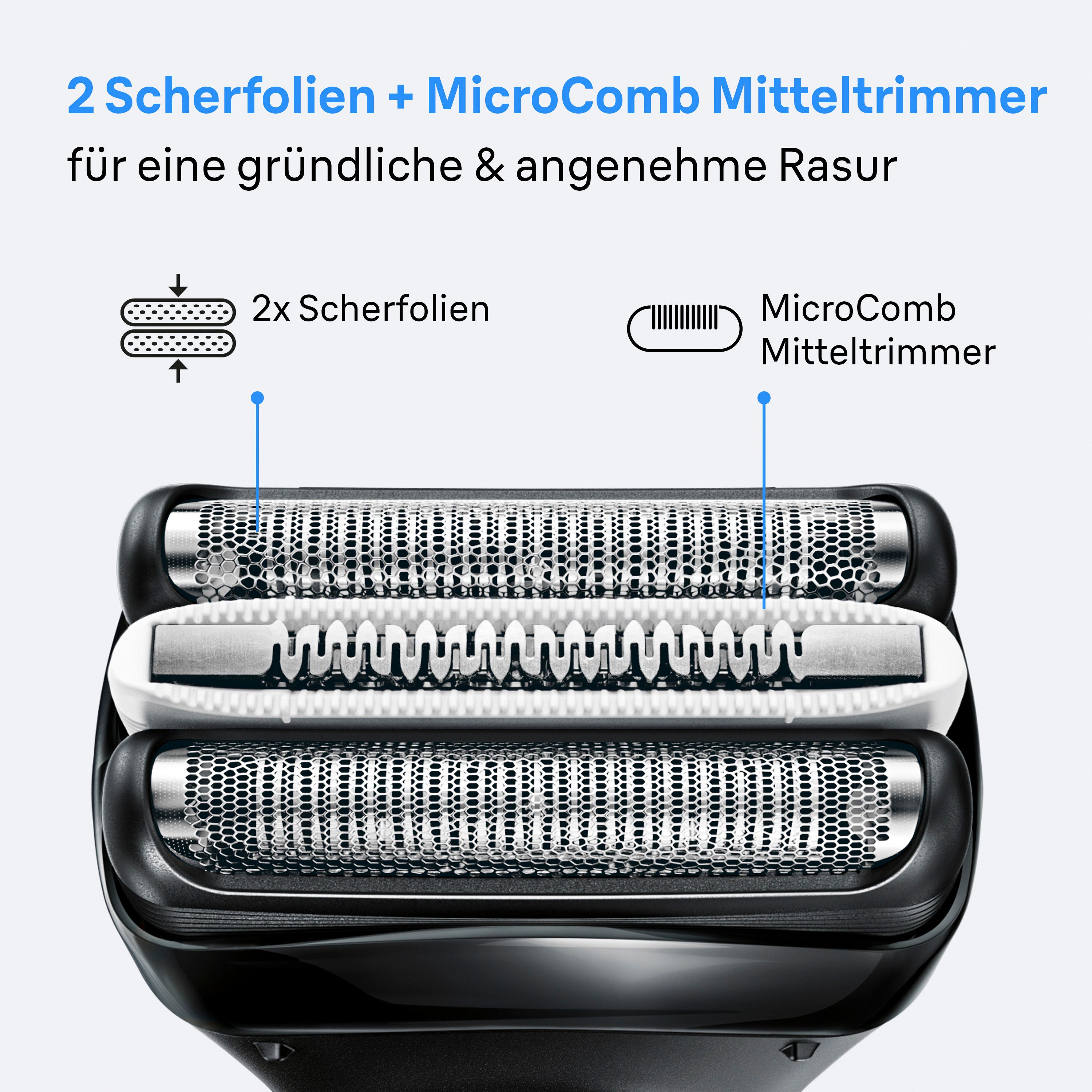 Braun Series 3 Rasierer, blau und schwarz, mit Ladeanzeige und Ein-/Ausschalttaste.