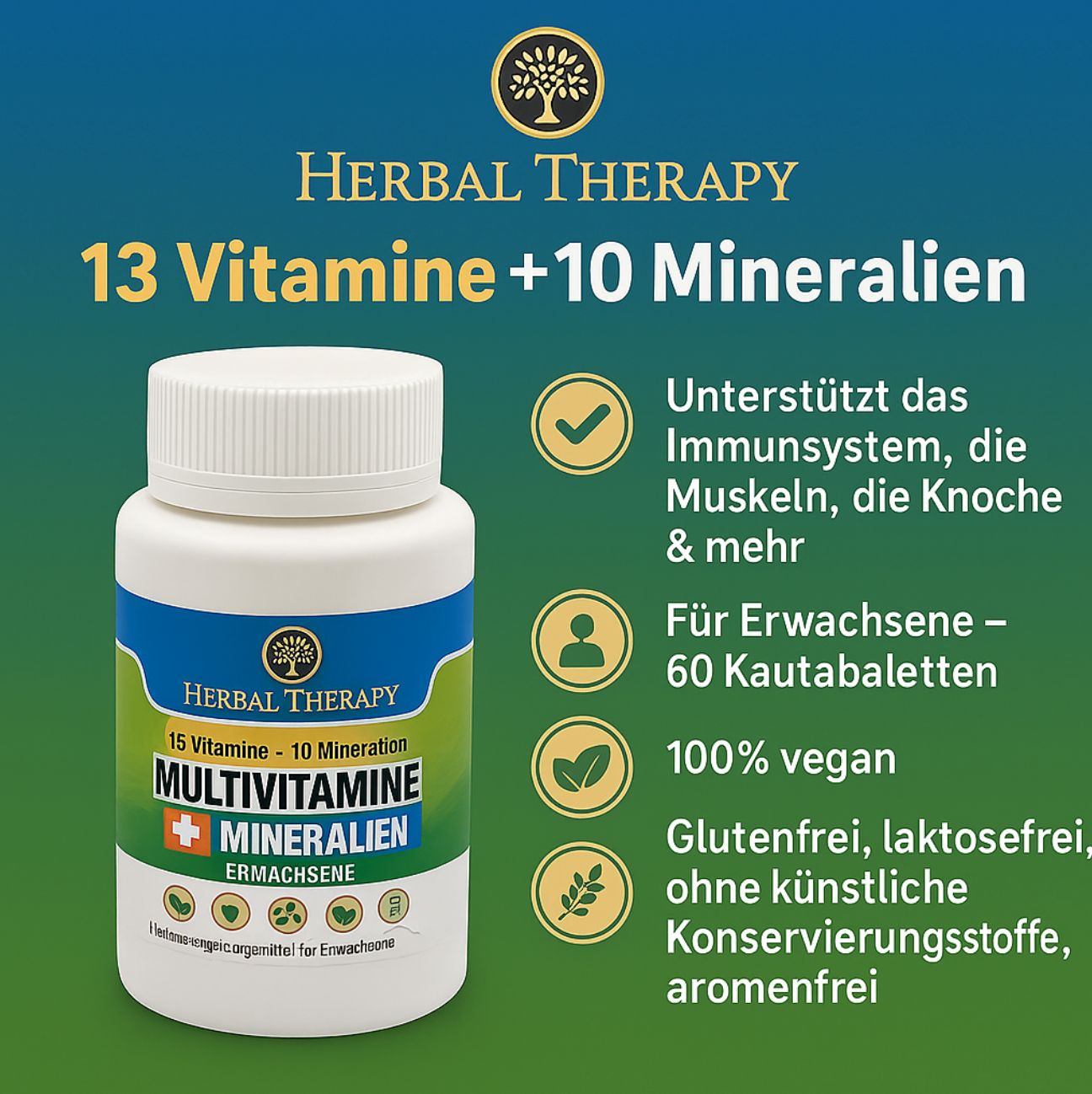 Weiße Flasche mit Schraubverschluss. Aufschrift: Herbal Therapy, Multivitamine + Mineralien Erwachsene. 60 Kautabletten. Zusätzliche Informationen.