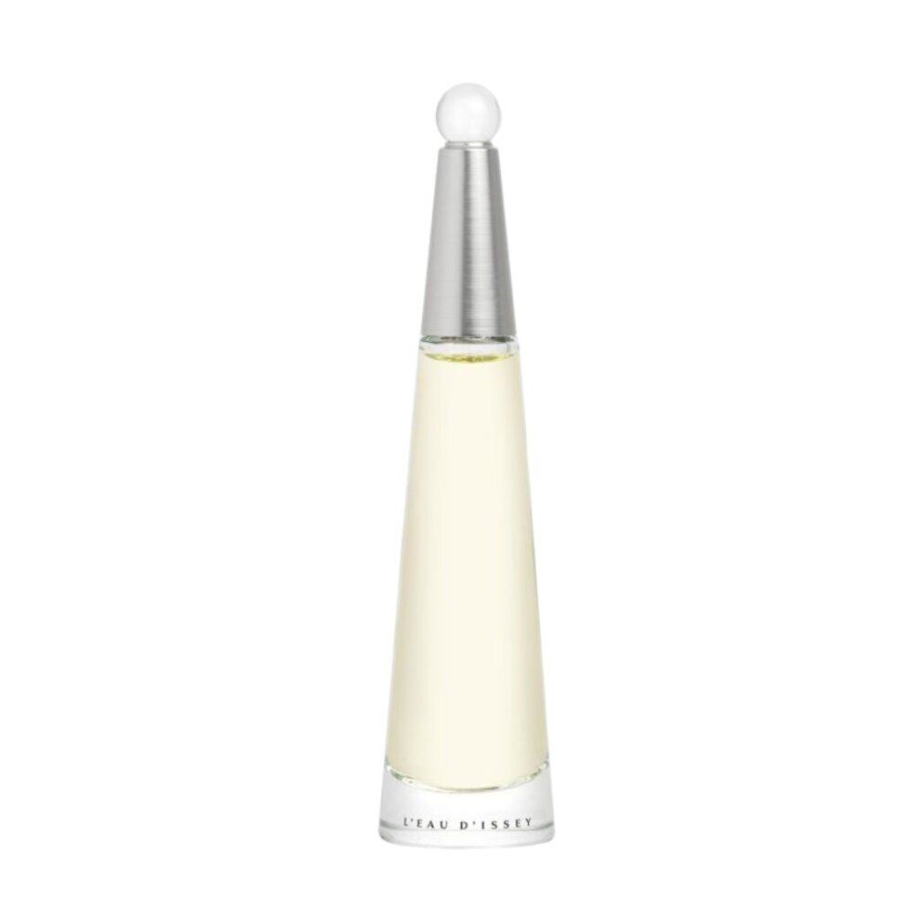 Parfümflasche mit silberfarbenem Verschluss und durchsichtigem Glas. Aufschrift: L'Eau d'Issey Eau de Parfum.