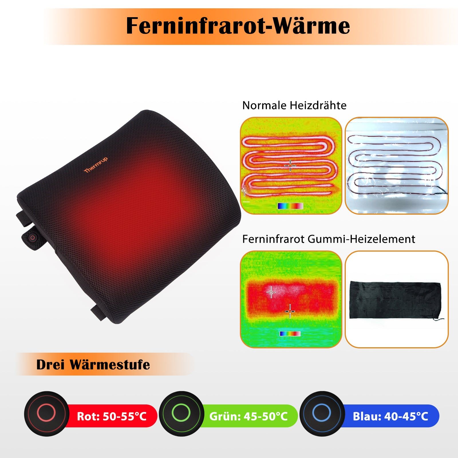 Schwarzes, ergonomisches Rückenkissen mit Ferninfrarot-Wärme. Drei Wärmestufen: Rot (50-55°C), Grün (45-50°C), Blau (40-45°C).