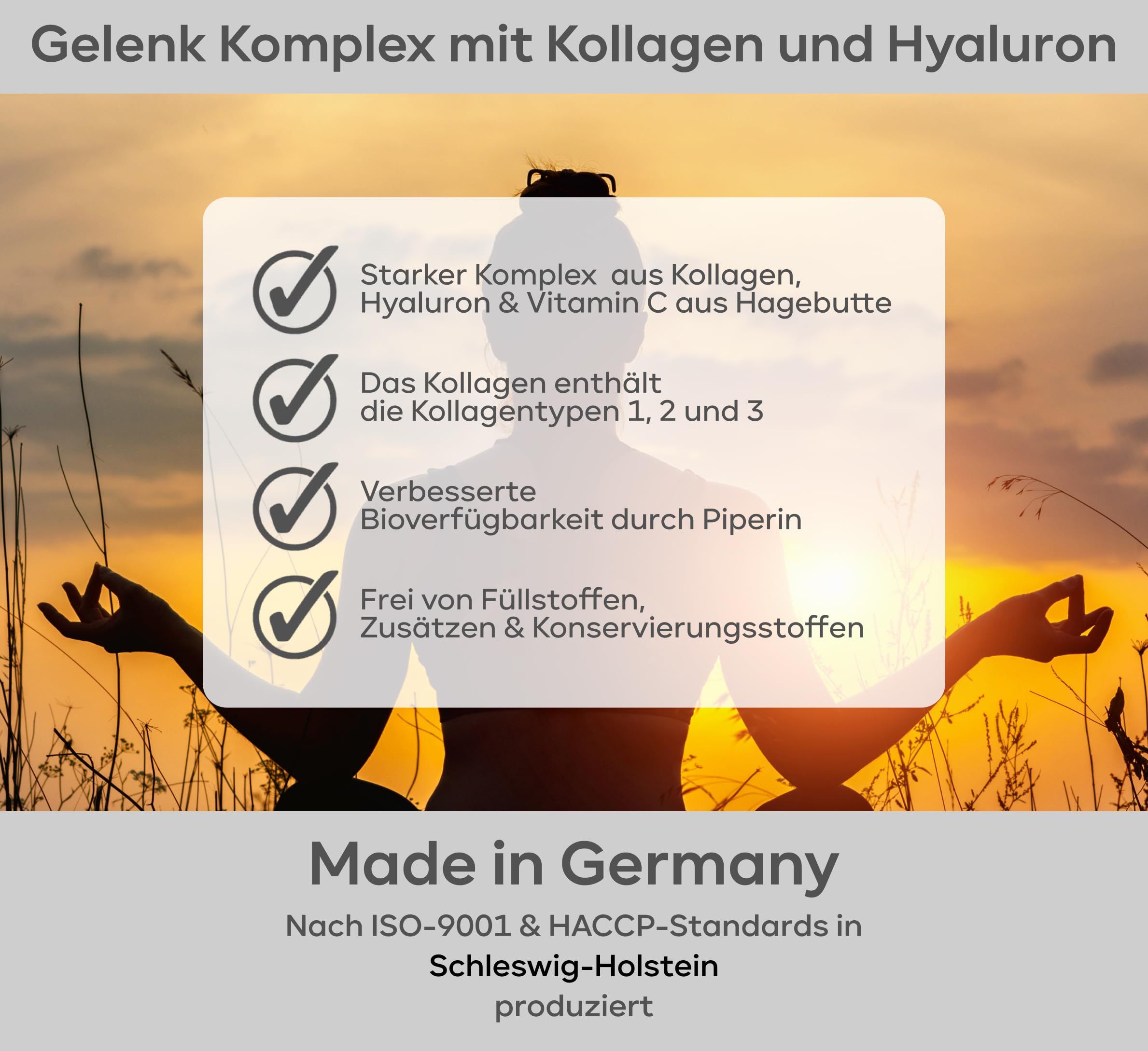 Gelenk Komplex mit Kollagen und Hyaluron. 4 Vorteile. Made in Schleswig-Holstein. Nach ISO-9001 & HACCP-Standards produziert.