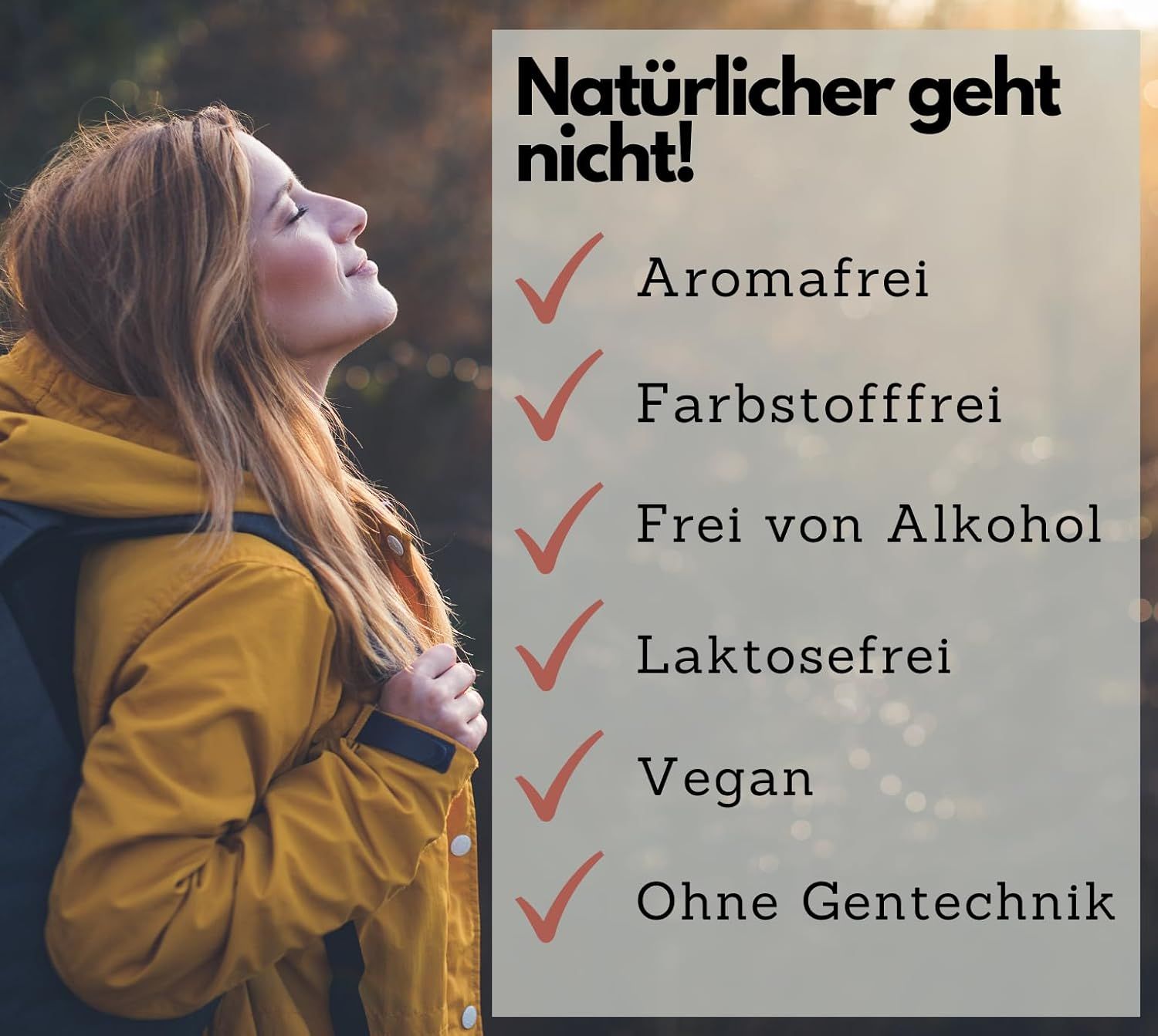 Frau mit gelber Jacke, lächelnd. Text: Aromafrei, Farbstofffrei, Frei von Alkohol, Laktosefrei, Vegan, Ohne Gentechnik. Hintergrund unscharf.