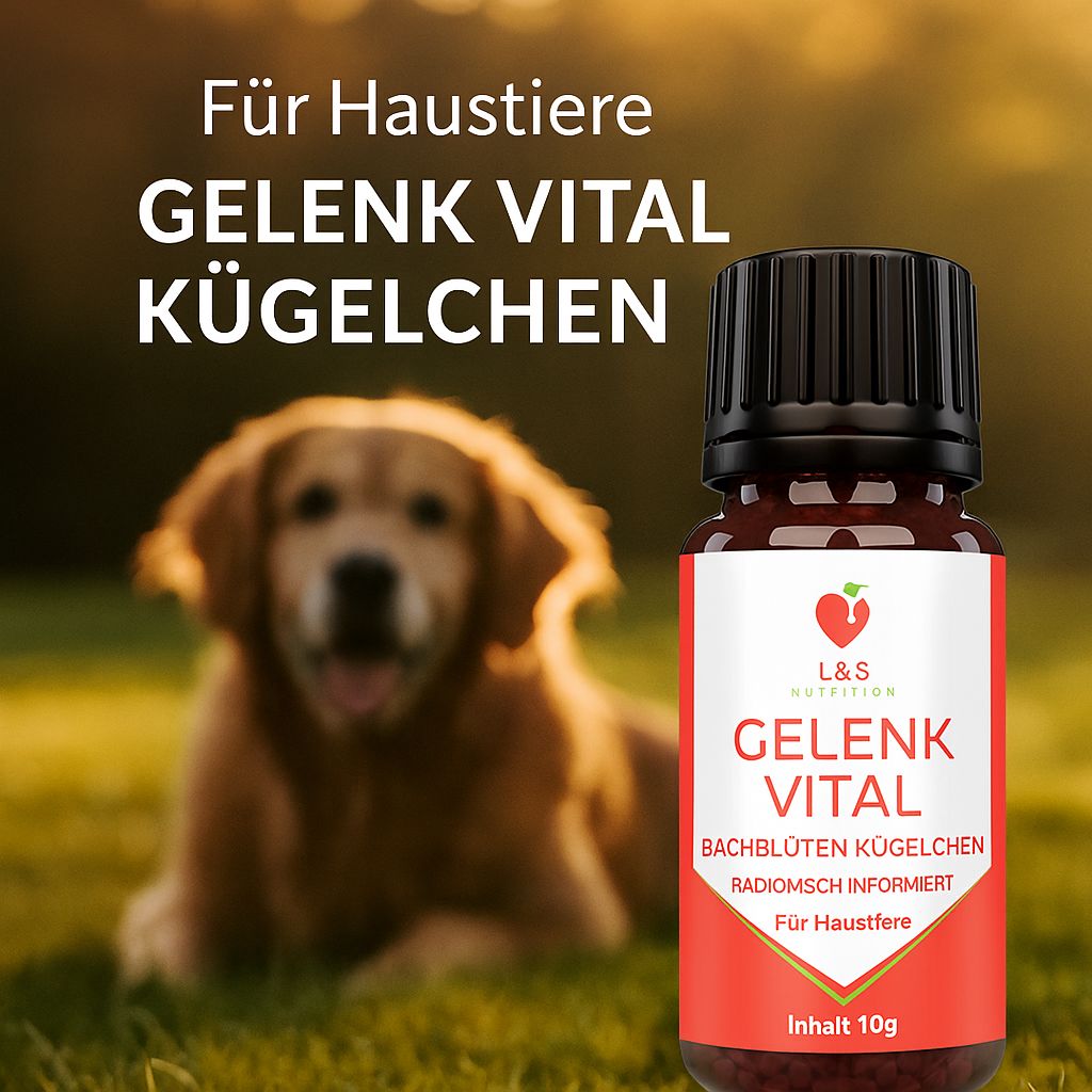 Braune Glasflasche mit schwarzem Deckel. Rotes Etikett mit weißer Schrift: Gelenk Vital, L&S Nutrition. Hund im Hintergrund.
