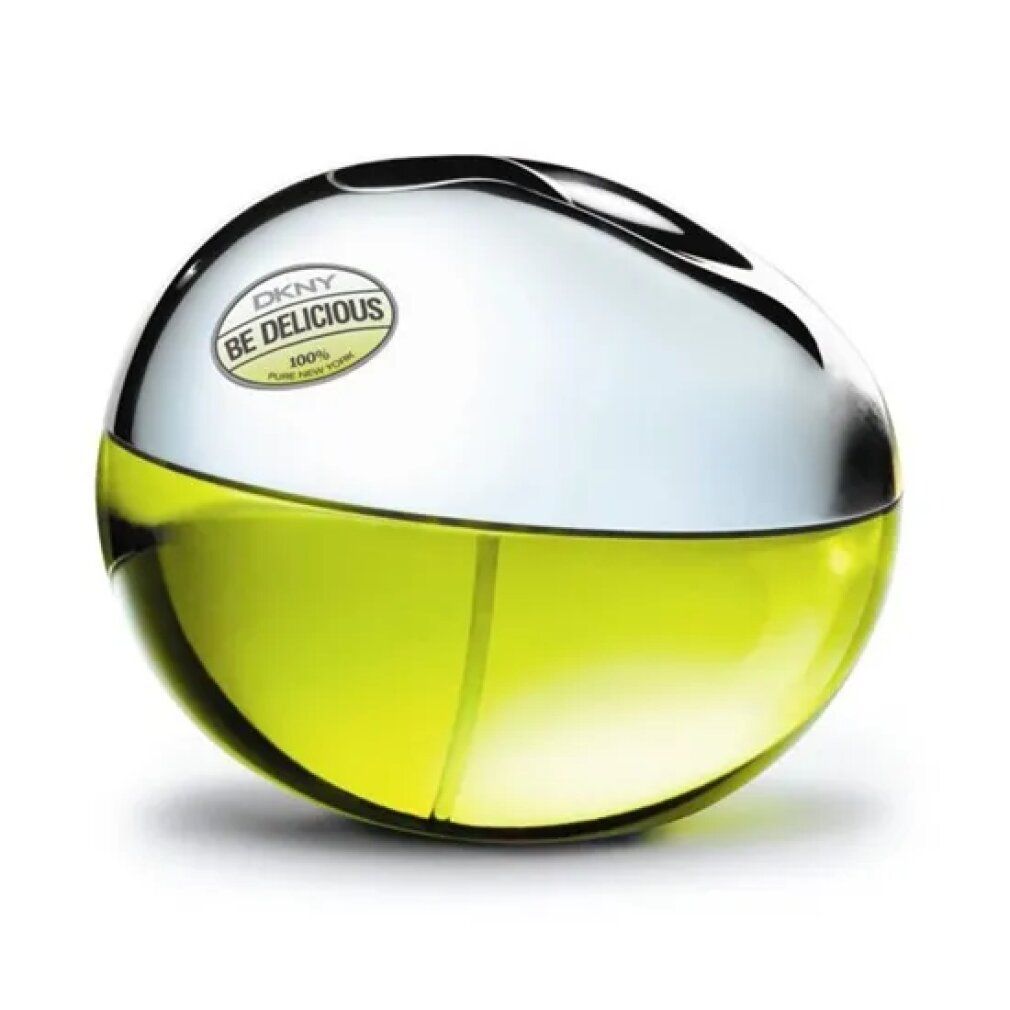 Runder Flakon mit silberner Kappe und gelb-grüner Flüssigkeit. Aufkleber mit DKNY Be Delicious-Logo.
