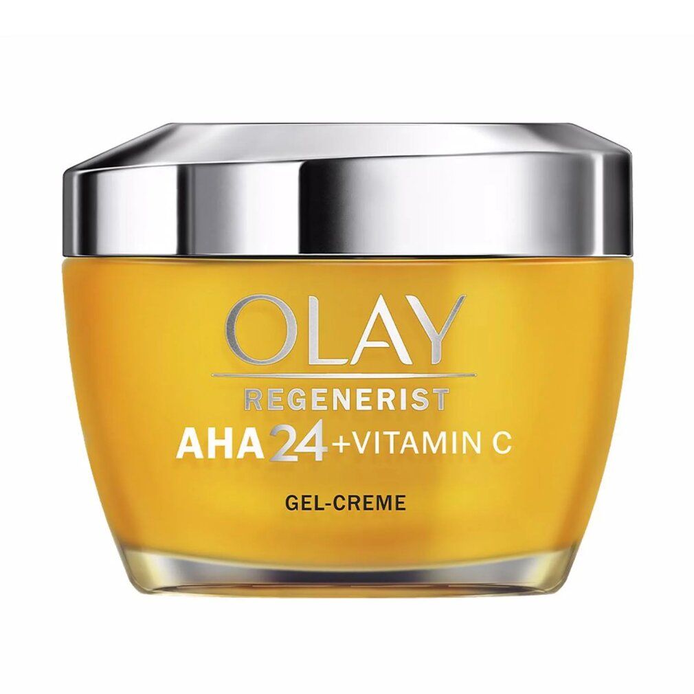 Olay Regenerist AHA 24 + Vitamin C Gel-Creme. Gelbes Glas mit silbernem Deckel. Produktbezeichnung.