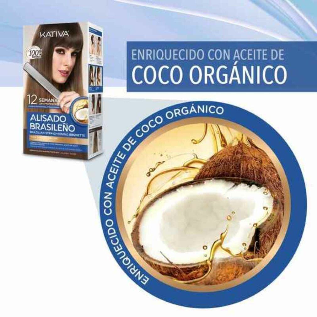 Produktverpackung mit Kokosnuss-Illustration und Text: 'Enriquecido con Aceite de Coco Orgánico'.