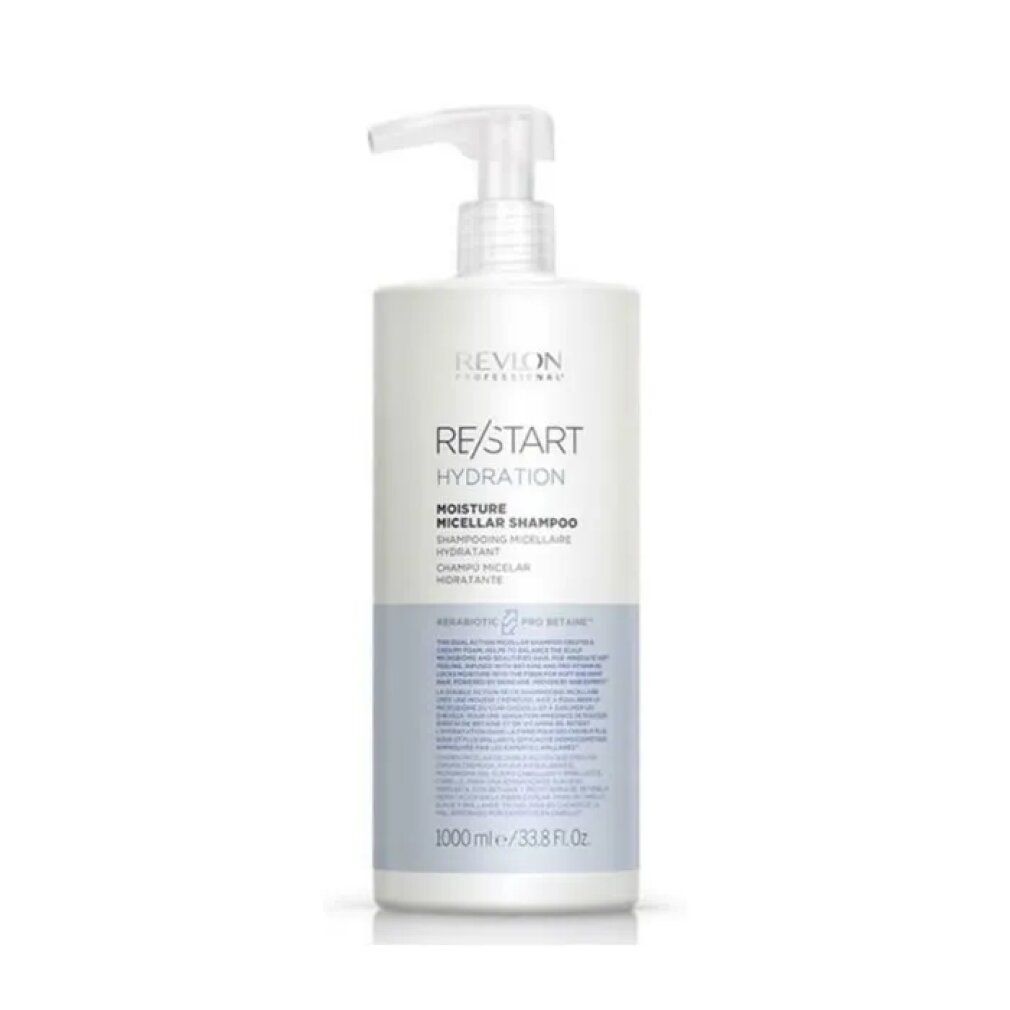 Revlon Re-Start Hydration Shampoo. Weiße Flasche mit Pumpe und blauem Etikett. Text: RE/START Hydration, Moisture Micellar Shampoo.