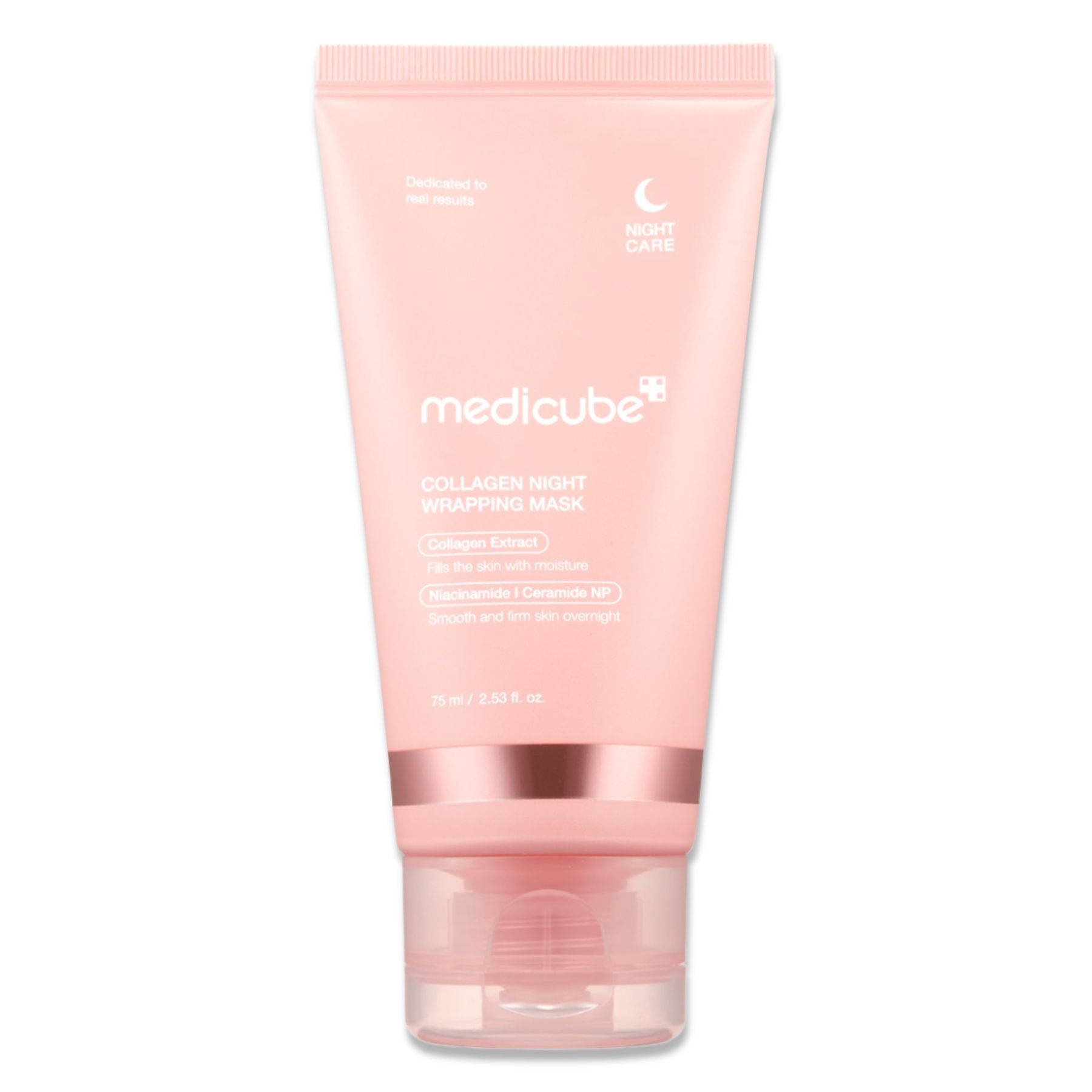 Rosa Tube mit "medicube"-Logo und Produktbezeichnung. Enthält Collagen Night Wrapping Mask. Nachtpflege-Symbol.