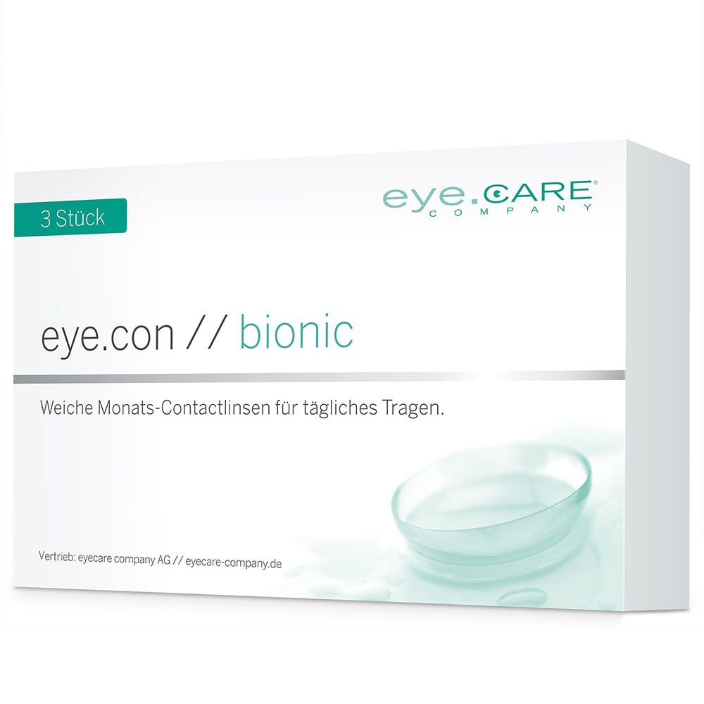 Weiße Verpackung mit grünen Akzenten. Aufschrift: eye.con // bionic, 3 Stück, eye.CARE company. Kontaktlinsen-Box.