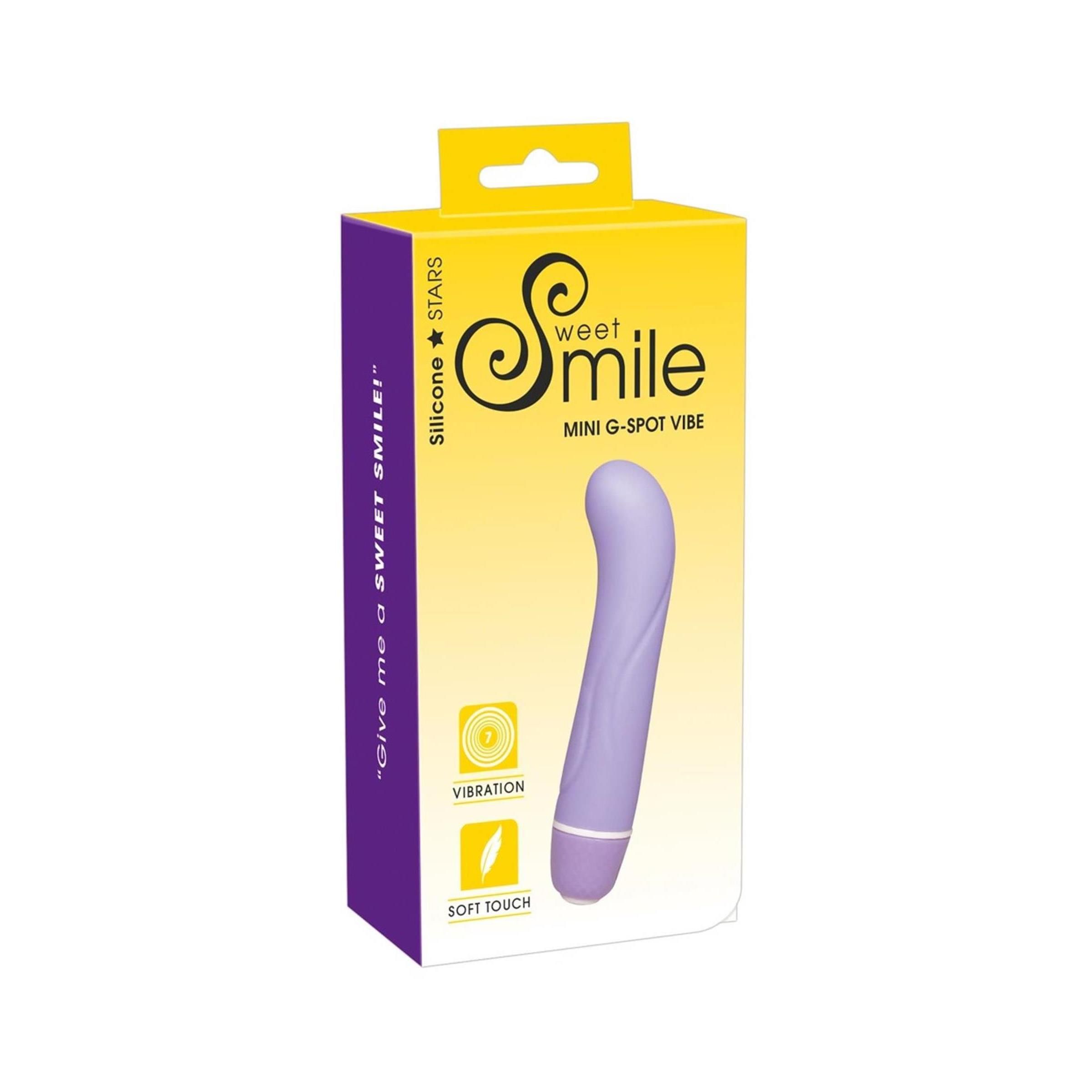 Lila Mini G-Punkt Vibrator in Verpackung mit Produktinformationen.