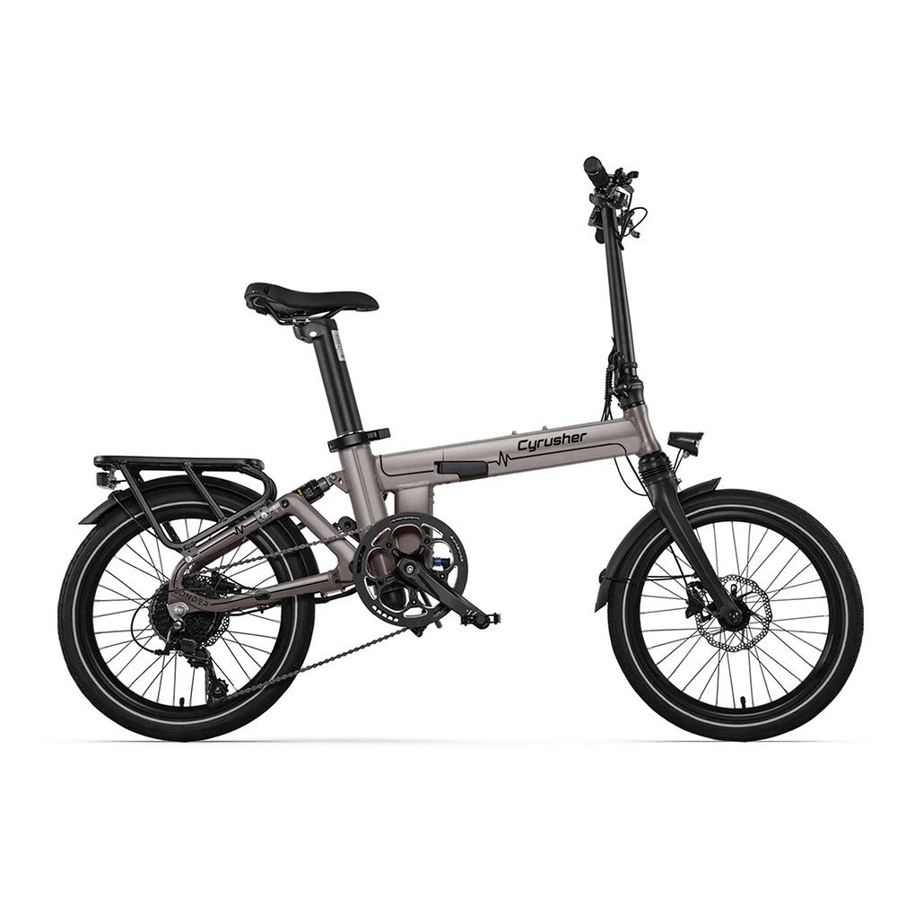 Faltbares E-Bike, grau. Schwarze Reifen, Gepäckträger, Schutzbleche. Marke CYRUSHER.