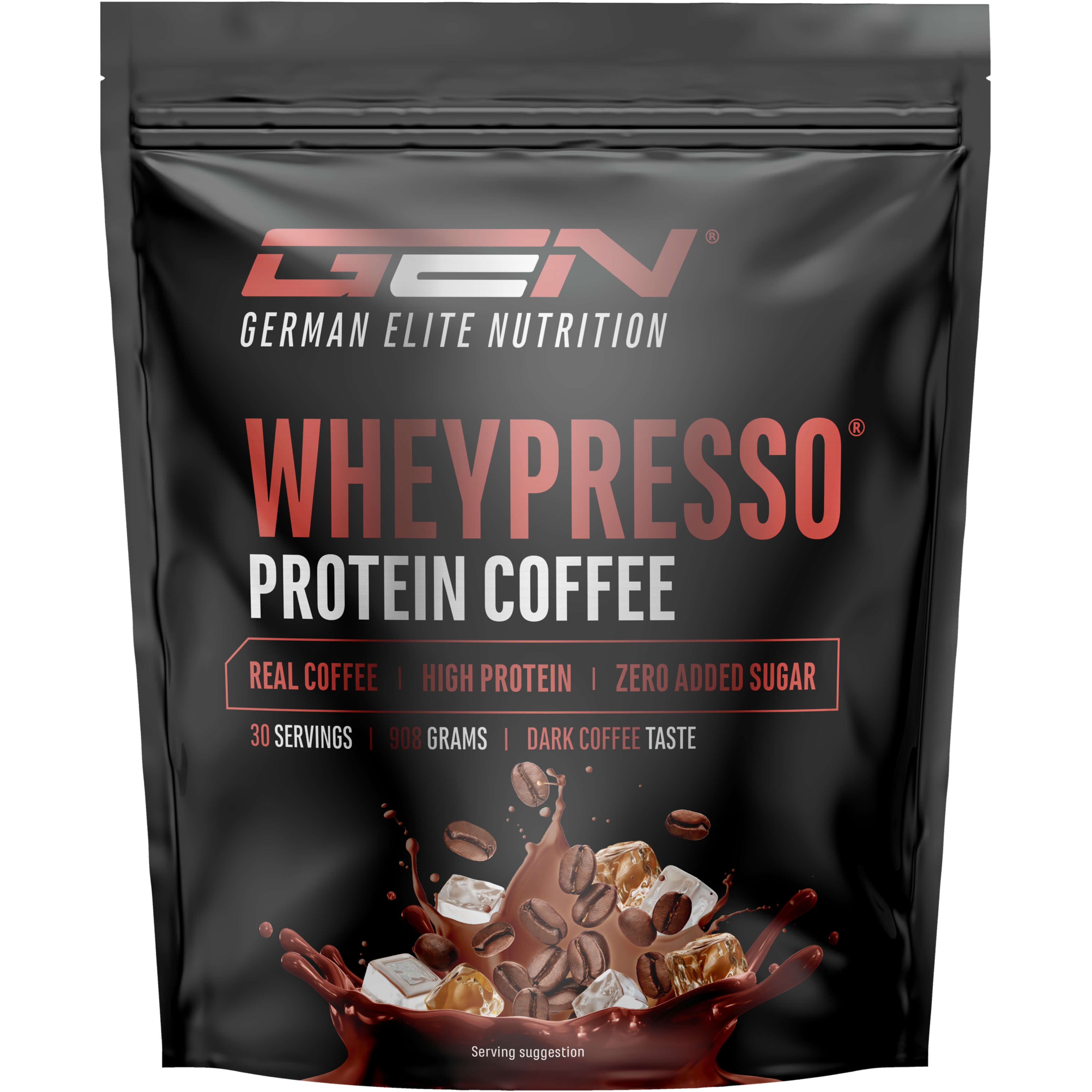 Schwarze Verpackung von GEN Wheypresso Protein Coffee. Rote Schrift. Enthält Text, Kaffeebohnen und Flüssigkeitsspritzer.