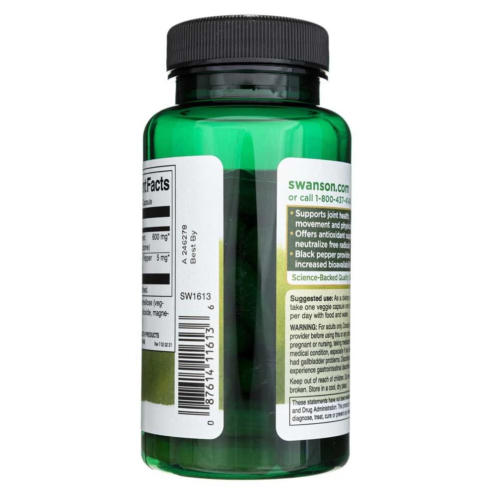 Seitenansicht einer grünen Flasche mit Swanson Kurkuma & schwarzem Pfeffer. Enthält Informationen zur Produktanwendung.