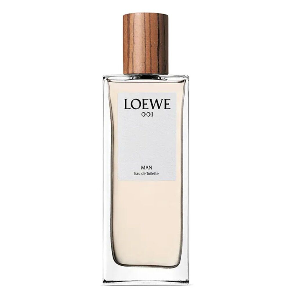 Loewe 001 Man Eau de Toilette Spray. Rechteckiger Glasflakon mit Holzverschluss. Weißes Etikett mit Produktinformationen.