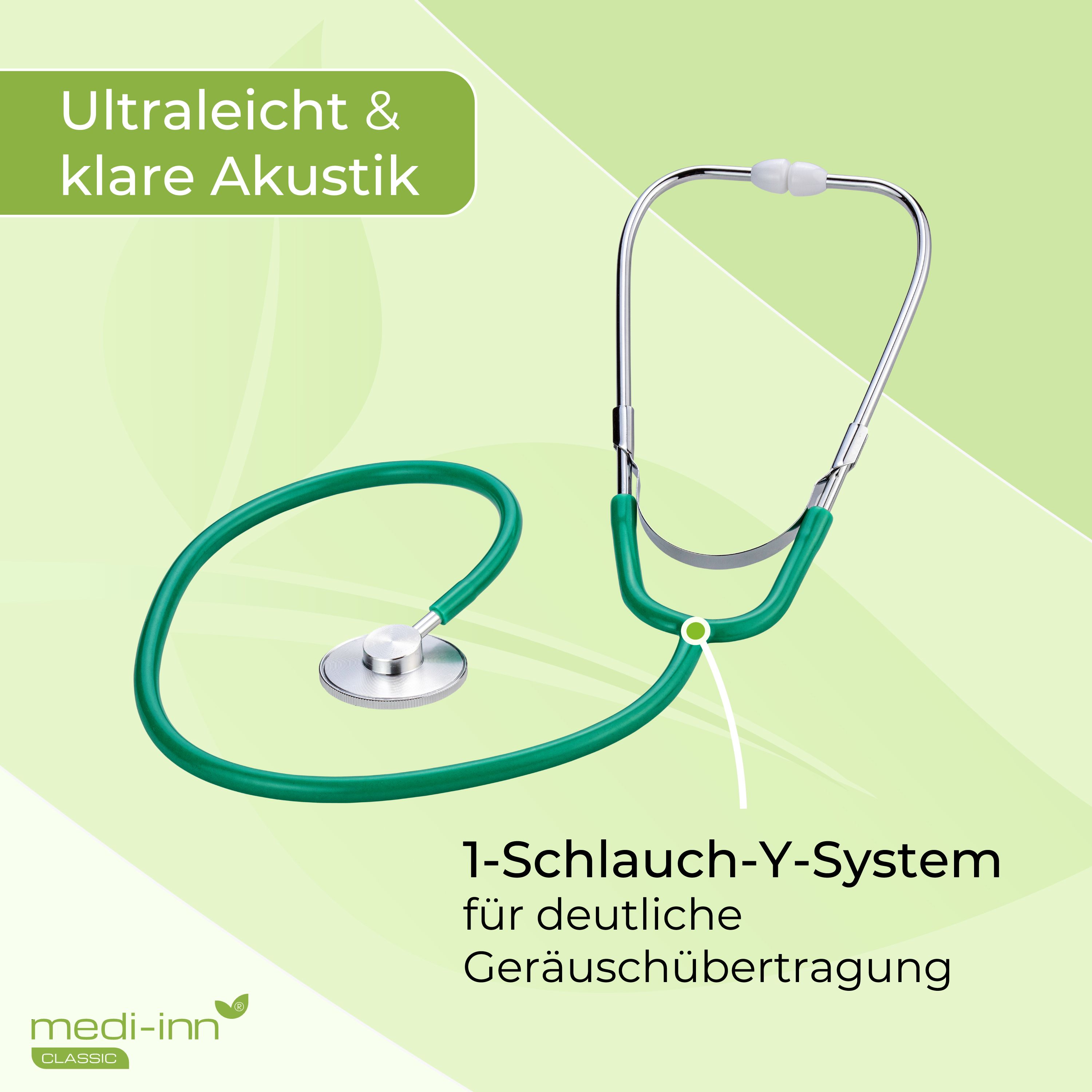 Grünes Stethoskop mit 1-Schlauch-Y-System für klare Akustik und Geräuschübertragung.
