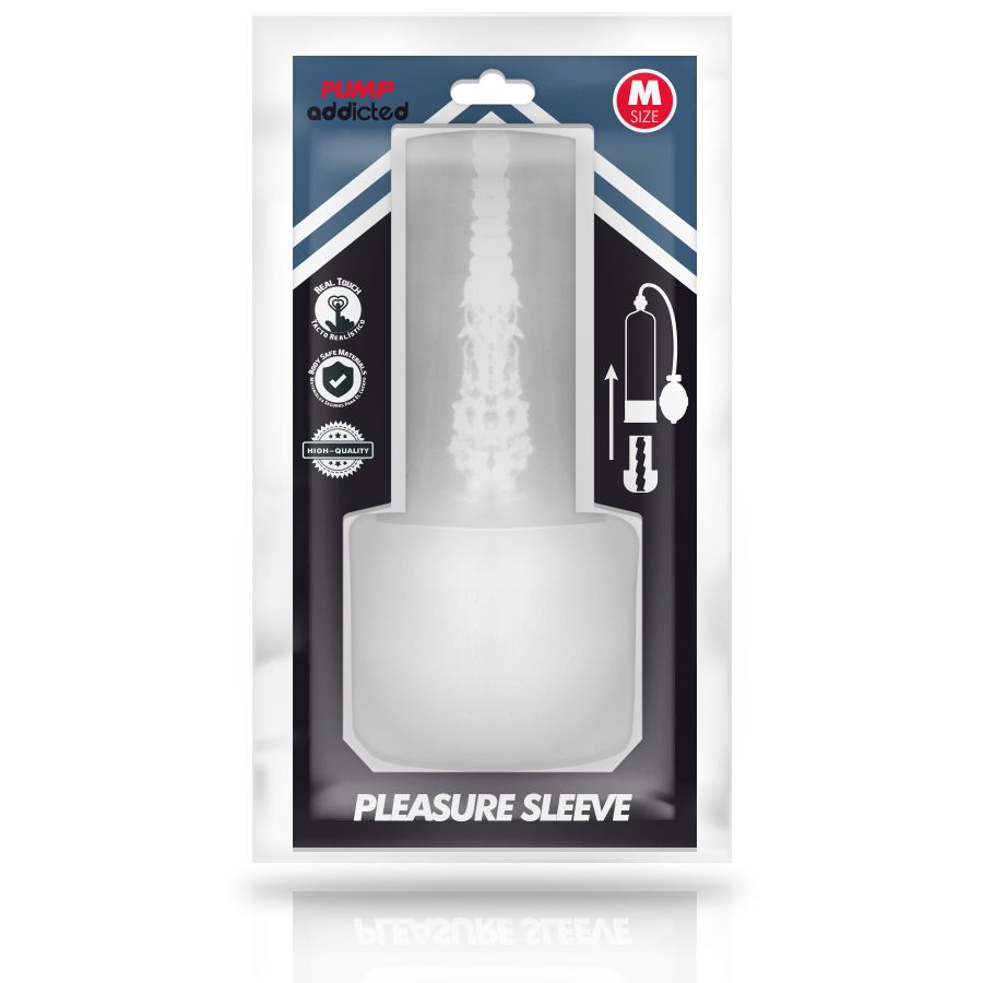 Verpackung mit Masturbations-Sleeve. Produktname: Pleasure Sleeve. Marke: Pump Addicted. Größe M.