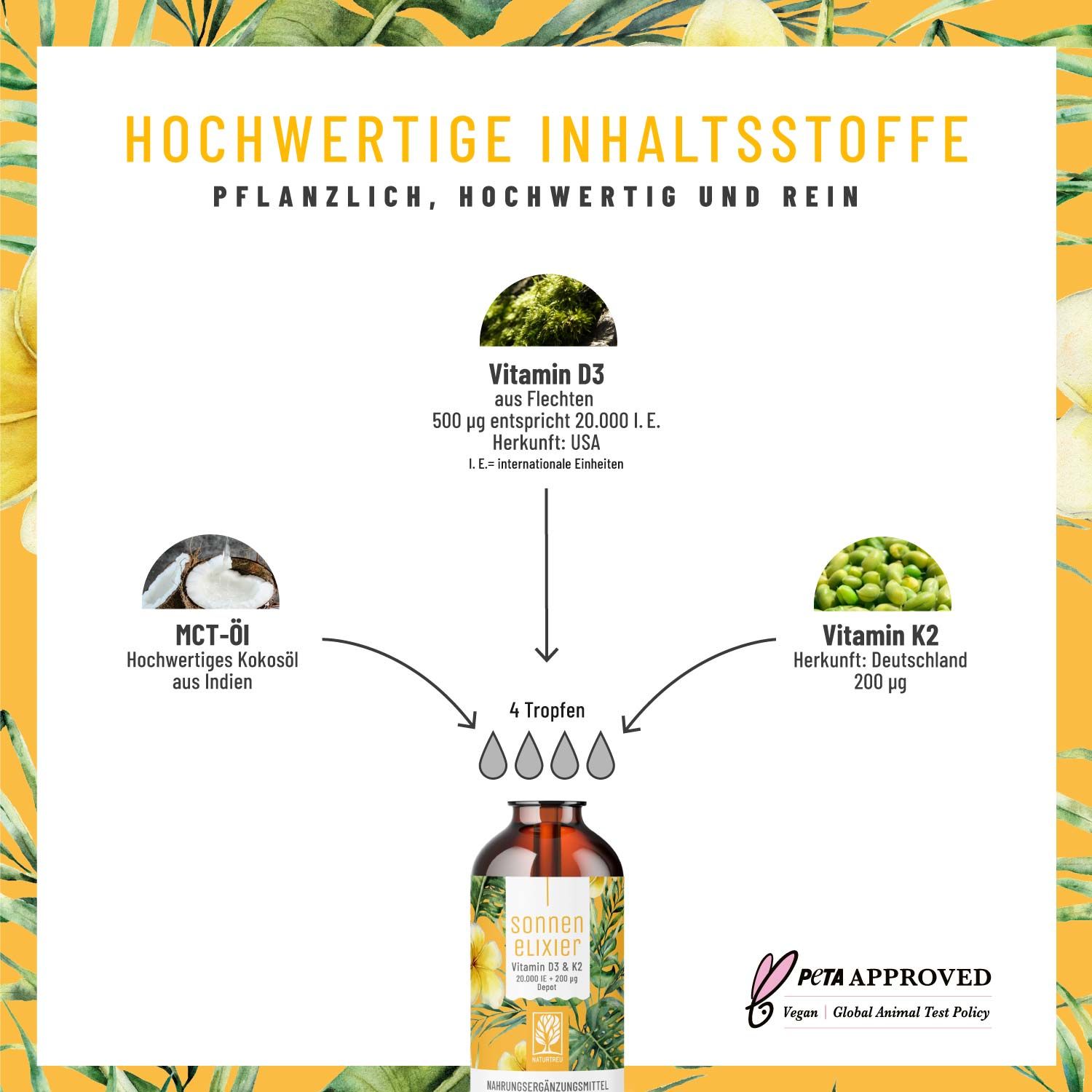 Vitamin D3 & K2 Tropfen Depot mit 20.000 I.E. - hochdosiert & vegan - Sonnenelixier - NATURTREU®