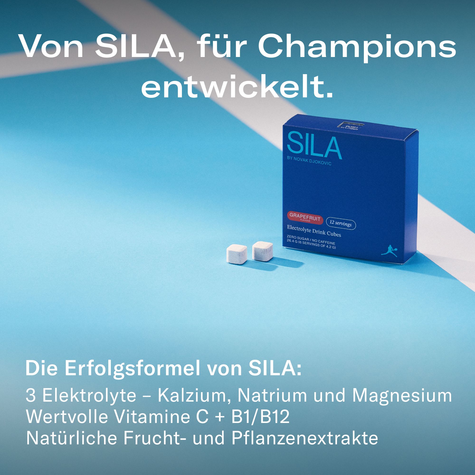 Blaue SILA-Box mit zwei Würfeln. Text: Grapefruit, Electrolyte Drink Cubes, 12 servings. Text: 3 Elektrolyte, Vitamin C + B1/B12.