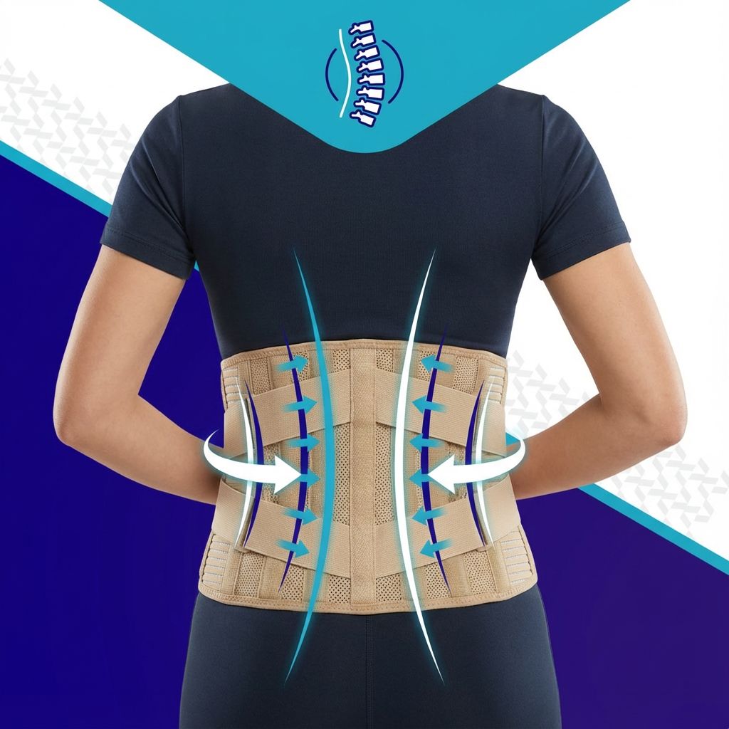 Rückenbandage am Rücken einer Person. Pfeile zeigen die Unterstützung an.