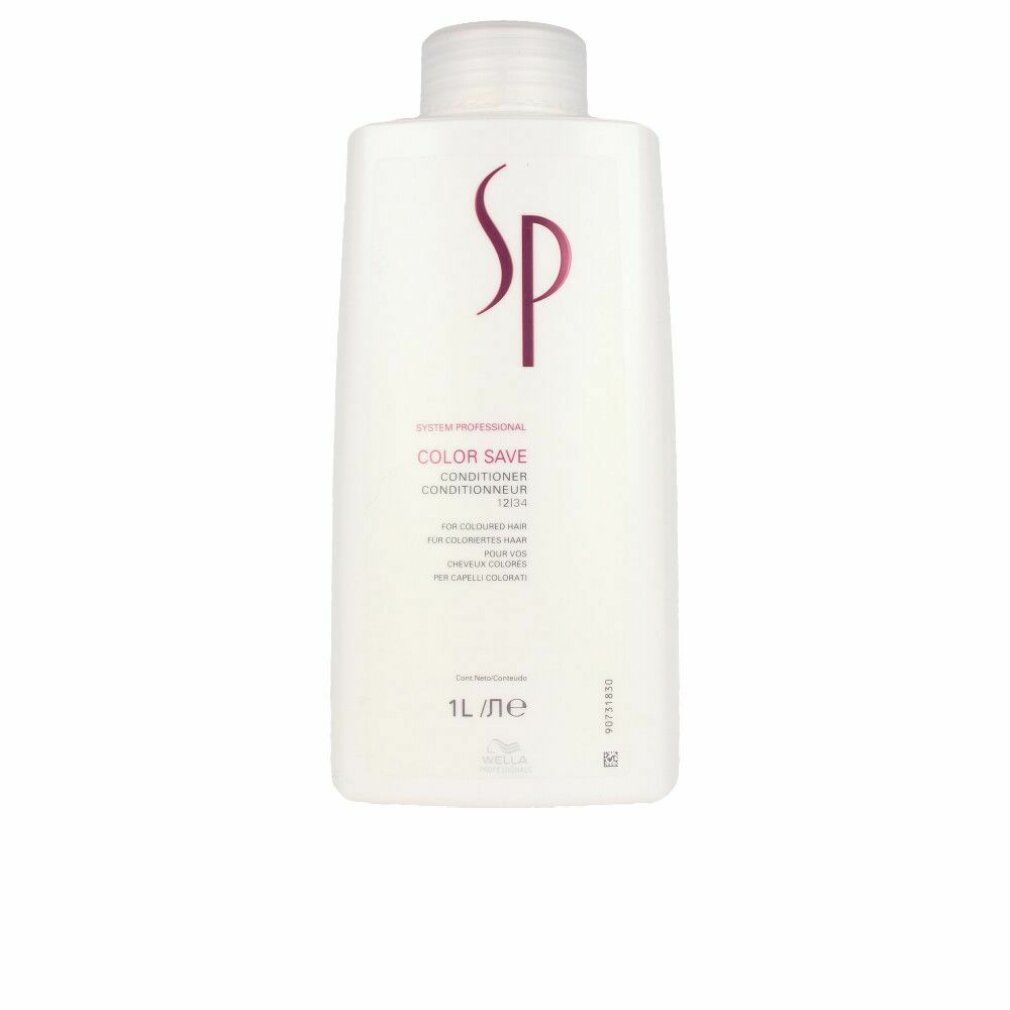 Weiße Flasche mit lila SP-Logo und Text: Color Save Conditioner. 1L-Flasche für coloriertes Haar.
