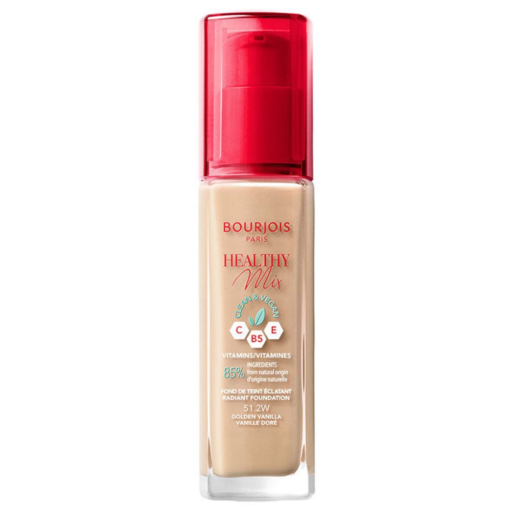 Bourjois Healthy Mix Foundation-Flakon. Beige Flüssigkeit, roter Pumpdeckel. Text: Healthy Mix, 51,2W.