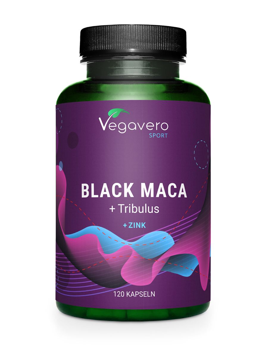 Grüne Flasche mit schwarzem Deckel. Aufschrift: Black Maca + Tribulus + Zink. 120 Kapseln. Marke Vegavaro Sport.
