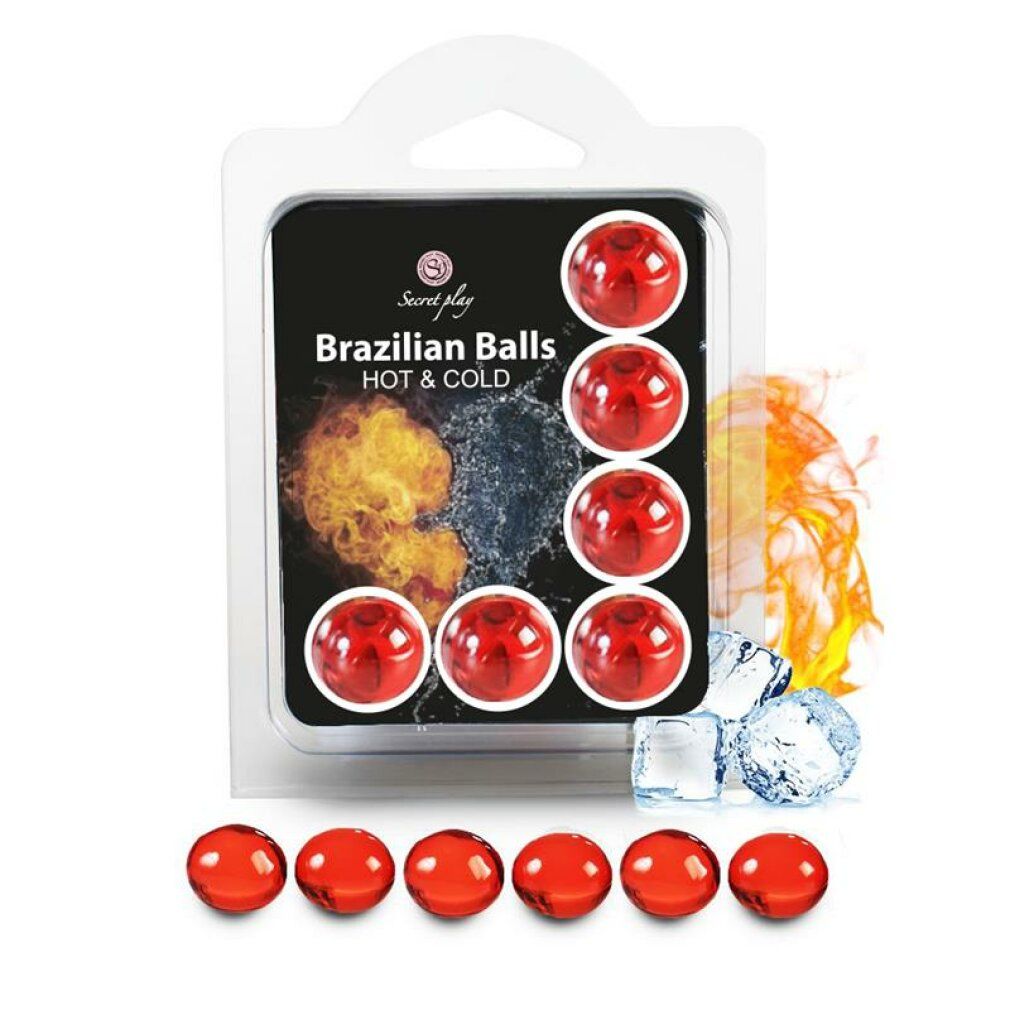 Sechs rote Kugeln in Verpackung. Aufschrift: Brazilian Balls HOT & COLD. Abbildung von Feuer und Eis.