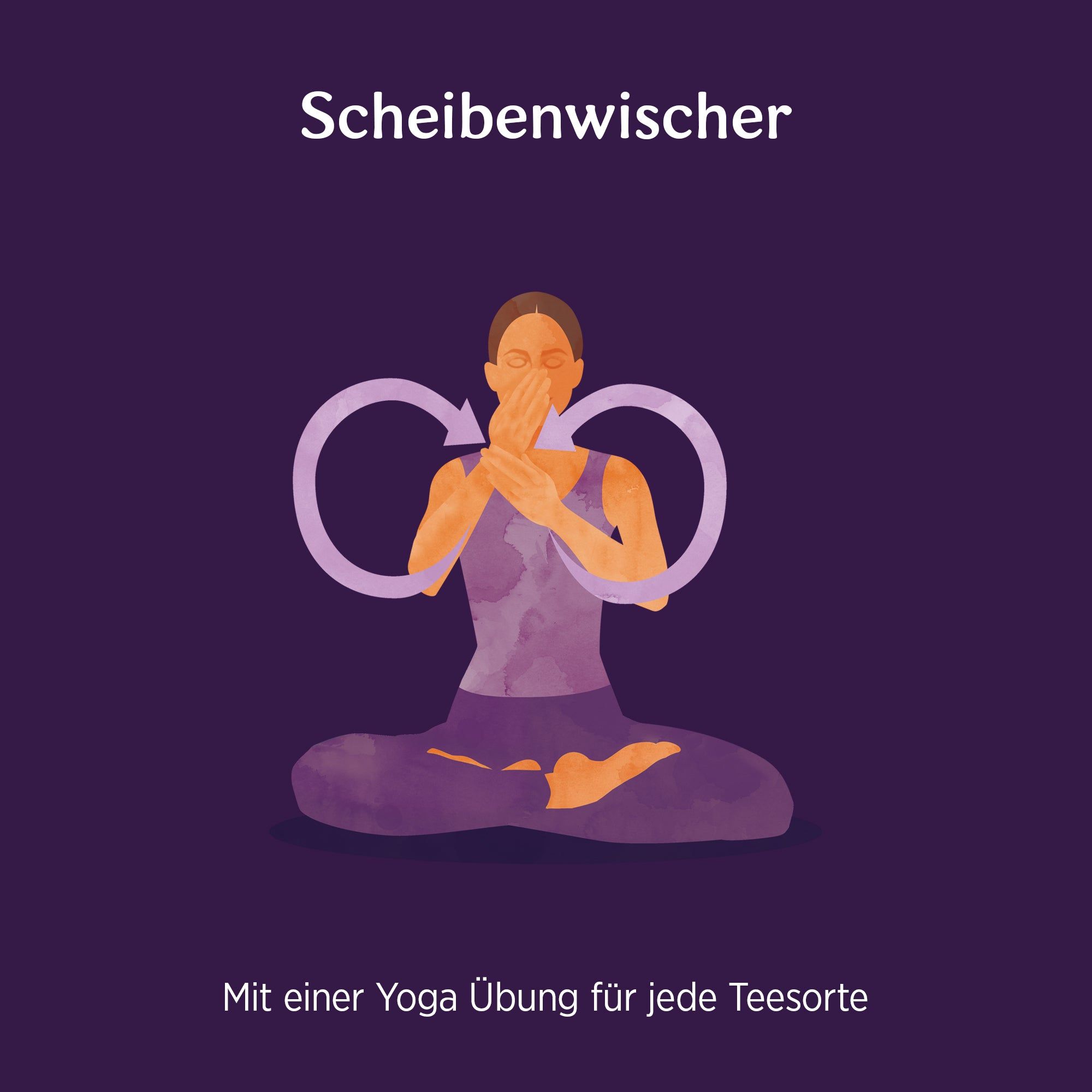 Illustration einer Person in Yoga-Position. Hände vor dem Gesicht, Pfeile zeigen Bewegungen an. Text: Scheibenwischer.