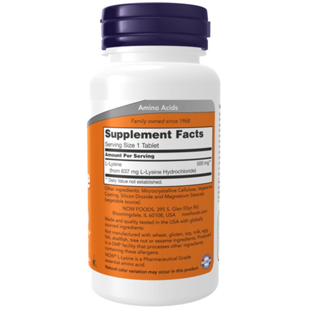 Weiße Flasche mit orangefarbenem Etikett. Enthält L-Lysin-Tabletten. Aufschrift: NOW FOODS, L-Lysine, 500mg. Enthält Nährwertangaben.