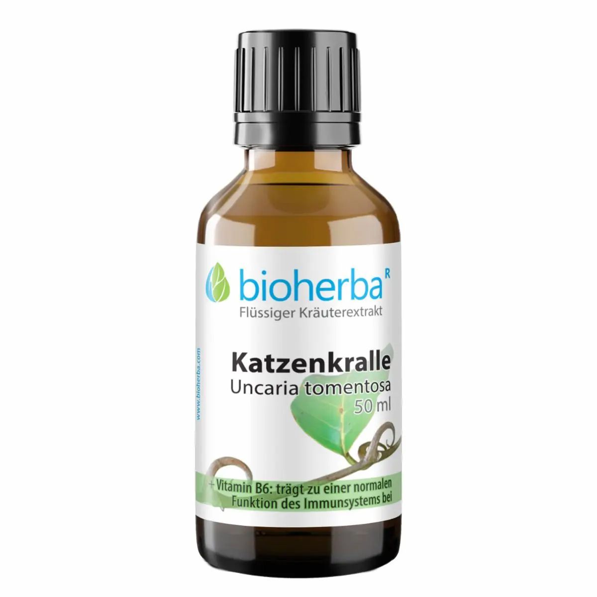 Braune Glasflasche mit schwarzem Deckel. Etikett mit Produktnamen, Logo und Text. Enthält Katzenkralle Extrakt.