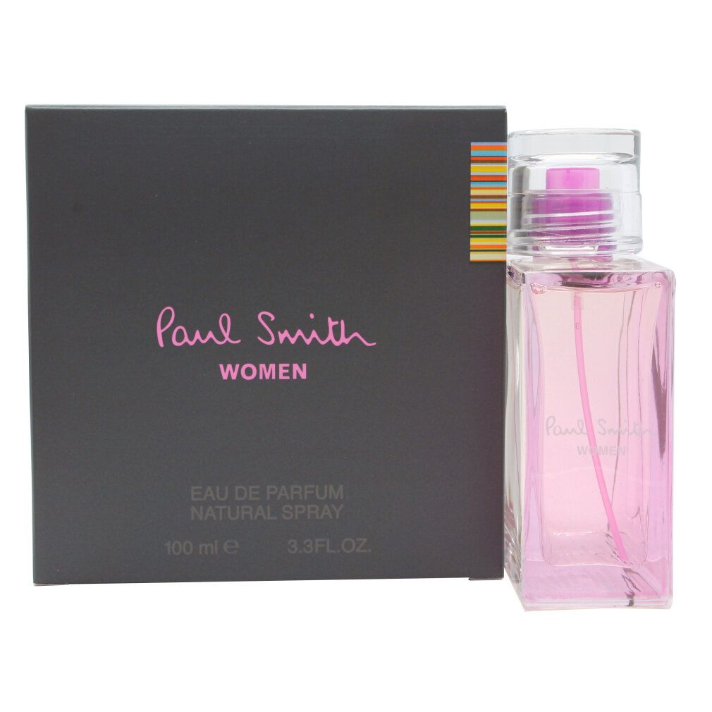 Paul Smith Women Eau de Parfum Natural Spray, 100 ml. Rosa Duft in rechteckiger Glasflasche mit Sprühkopf und durchsichtigem Deckel. Graue Verpackung mit rosa Schrift.