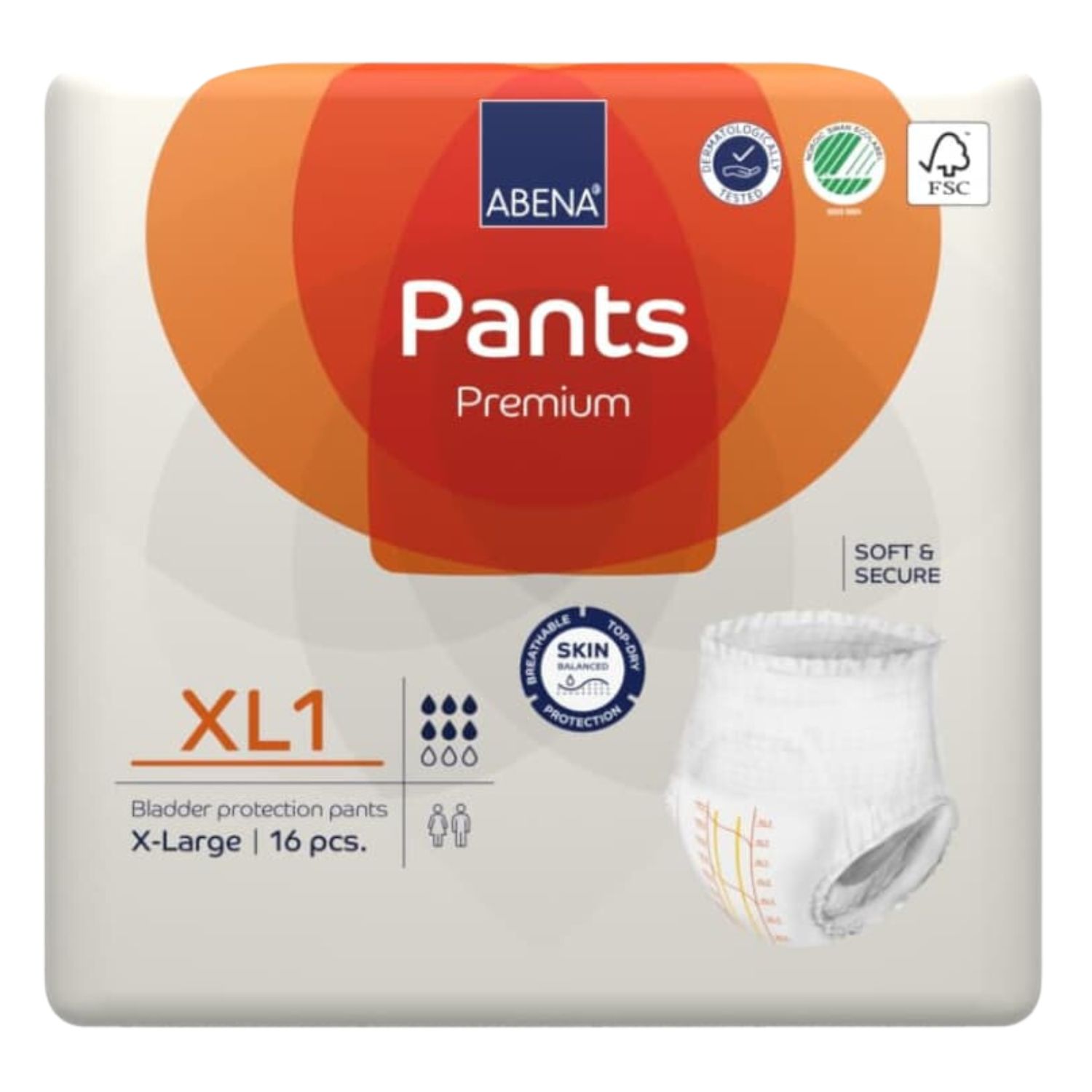 Verpackung Abena Pants Premium, XL1. Mit Zertifizierungen und Produktabbildung. 16 Stück. Hautschutz.
