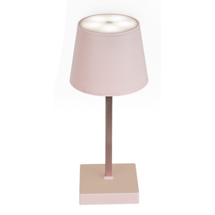 Tischlampe mit LED, rosa, beleuchtet. Quadratischer Fuß, zylindrischer Schirm, Metallstiel.