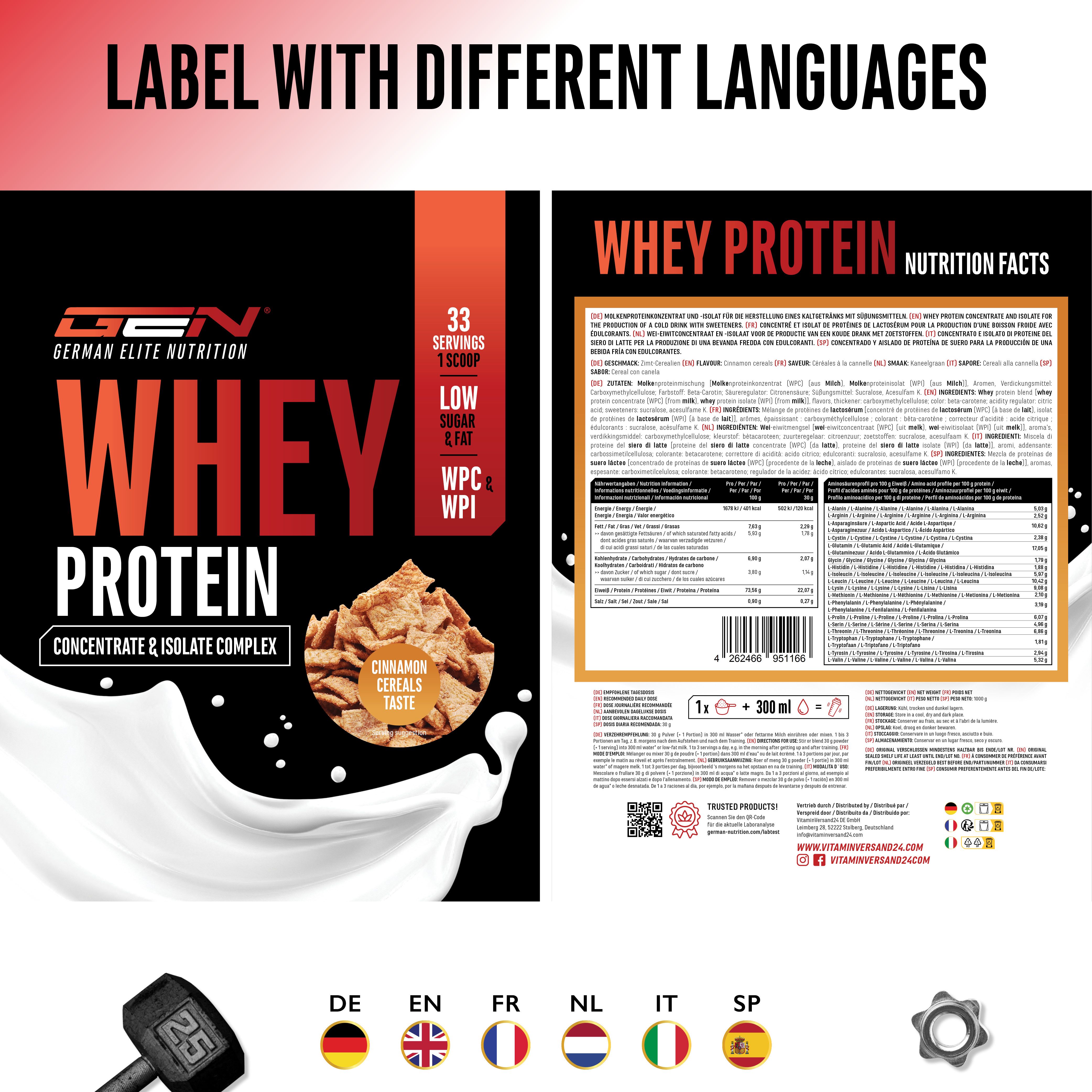 Produktverpackung mit verschiedenen Sprachversionen. Enthält GEN Whey Protein, 33 Portionen, Low Sugar & Fat, WPC/WPI. Flaggen für DE, EN, FR, NL, IT, SP.
