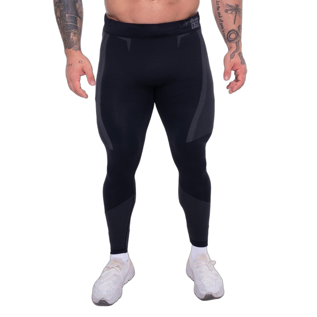 Herren-Leggings, schwarz/grau, nahtlos, mit strategisch platzierten dunkleren Zonen.
