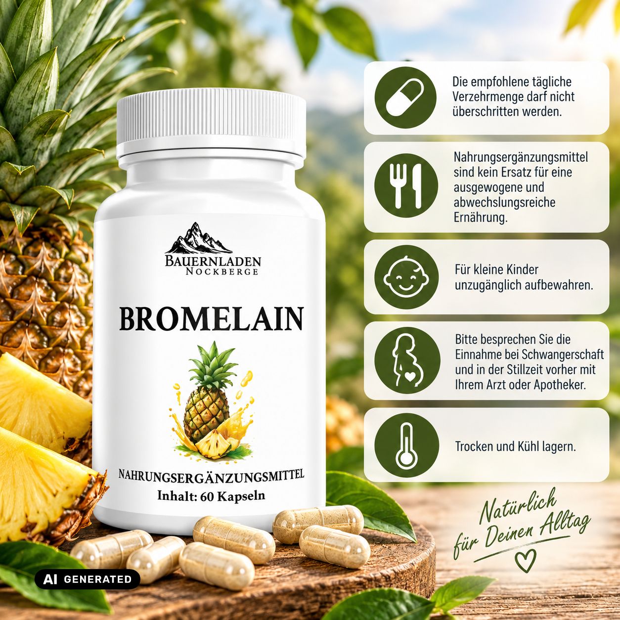 Weiße Kapsel mit Bromelain-Aufschrift und Ananas-Symbol. Enthält 60 Kapseln.