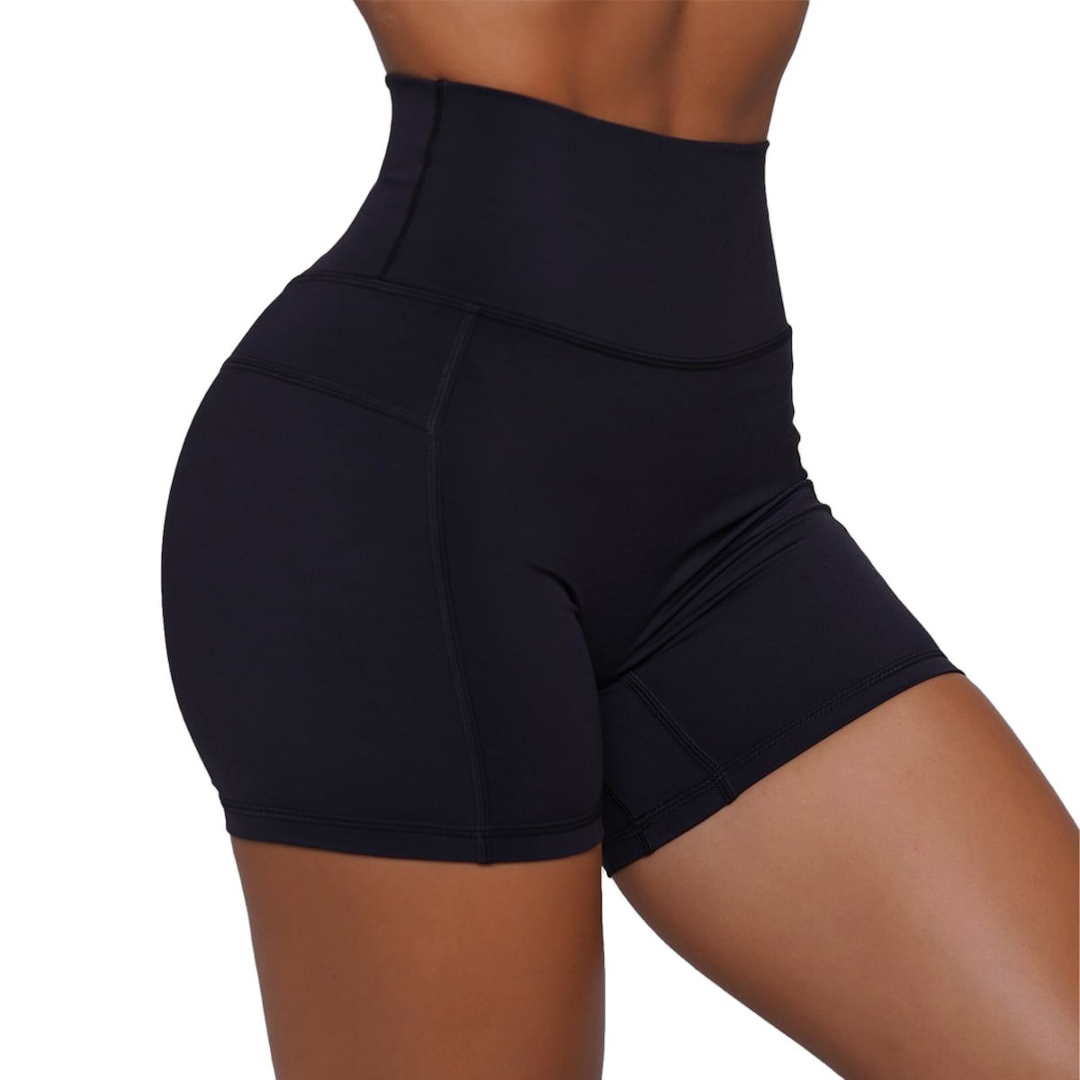 Schwarze Damen-Shorts mit hohem Bund und elastischem Material, Seitenansicht.