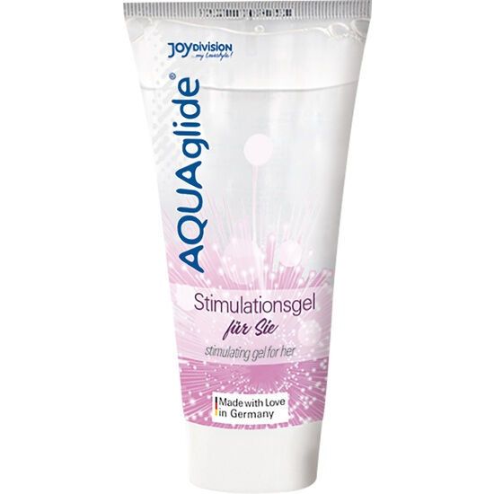 AQUAglide Tube. Transparent, mit pinken Akzenten. Produktname und Beschreibung. Weißer Deckel.