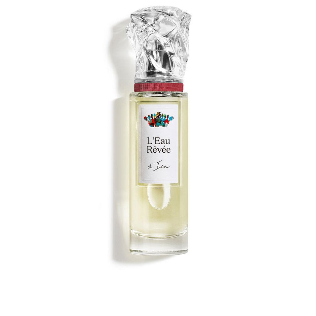 Parfümflasche mit klarem Glas und silbernem Sprühkopf. Das Etikett zeigt „L'Eau Rêvée d'Isa“ und eine bunte Illustration.