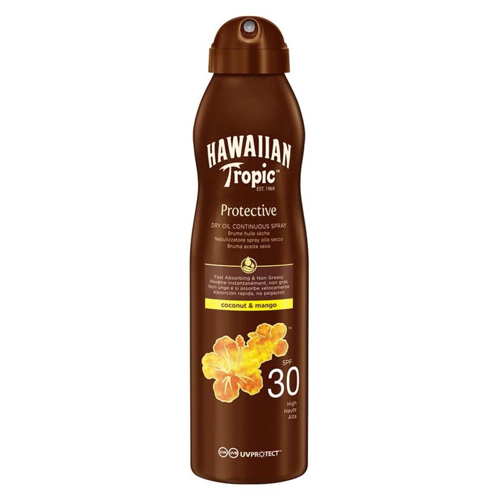 Hawaiian Tropic Sonnenschutzspray LSF 30, Kokosnuss & Mango Duft, braune Dose.