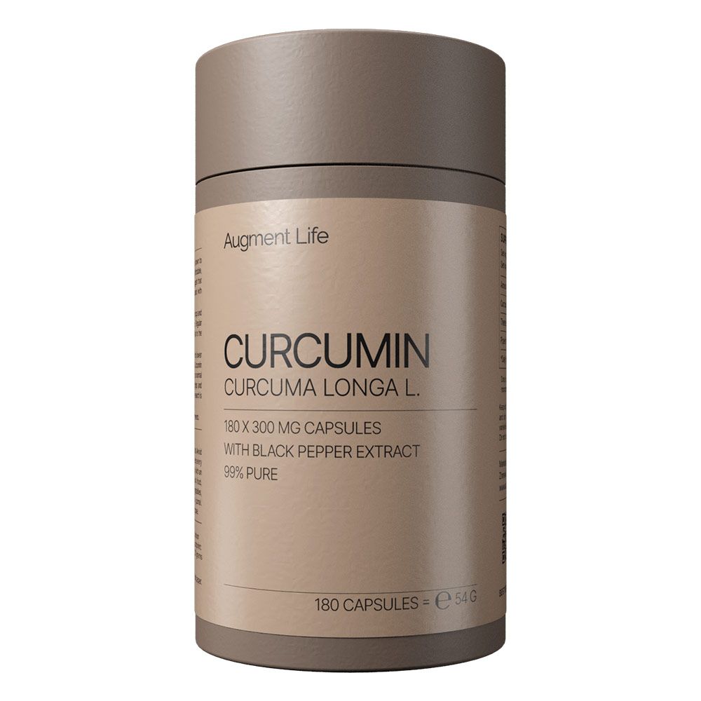 Braune Dose mit Curcumin-Kapseln, 180 Stück, 300 mg pro Kapsel, mit schwarzem Pfefferextrakt.