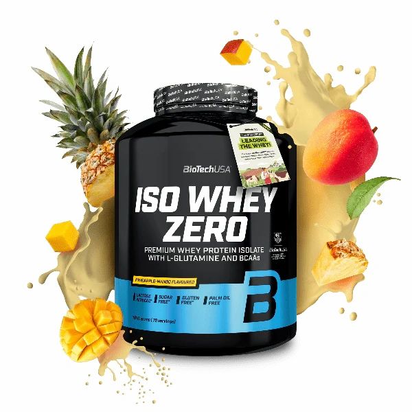 Schwarze Dose BioTech Iso Whey Zero. Aufschrift: ISO WHEY ZERO, Premium Whey Protein Isolate. Mit Ananas, Mango und Flüssigkeitsspritzern.