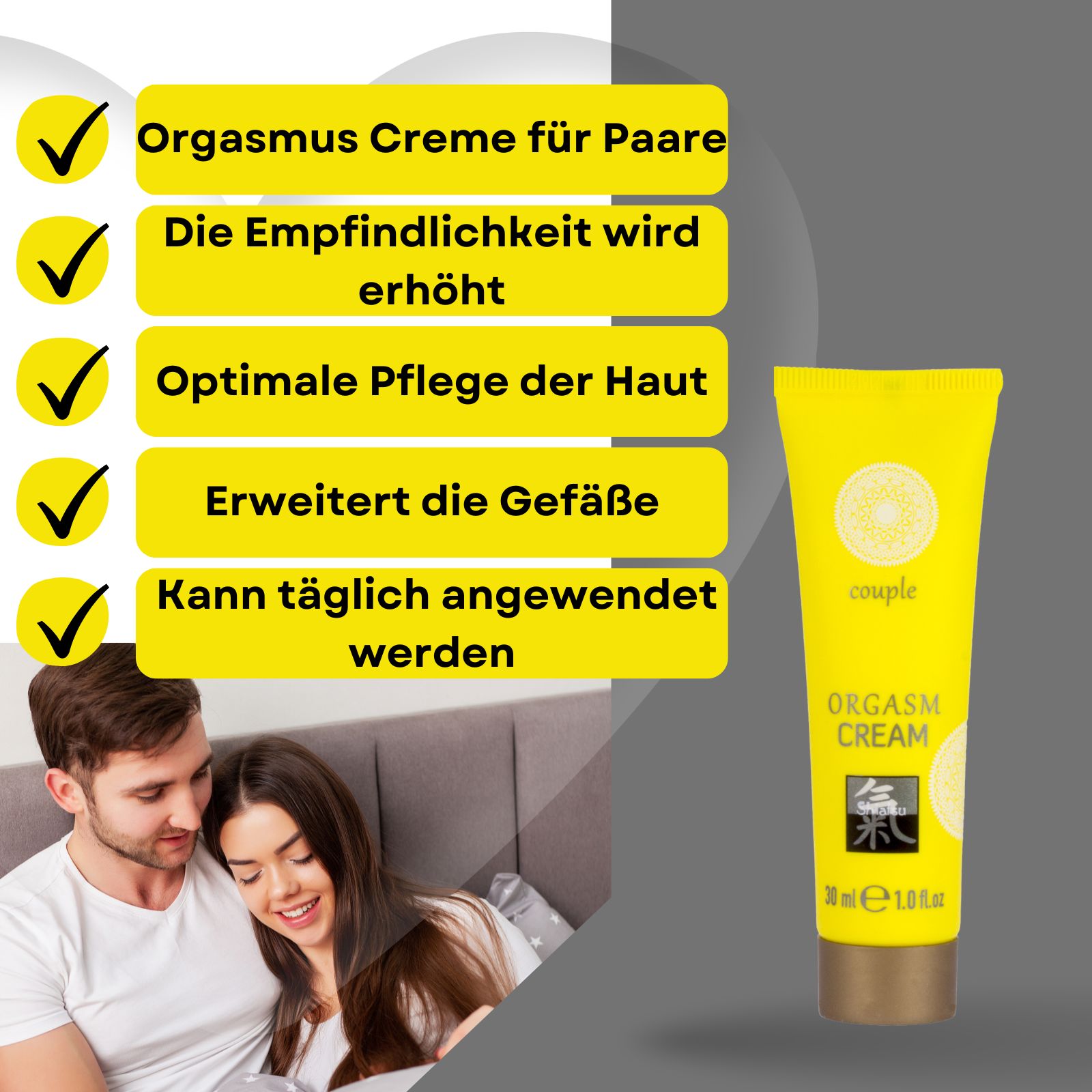 Produkt und Text. Gelbe Tube und Text. Text: Creme für Paare, erhöht die Sensibilität.