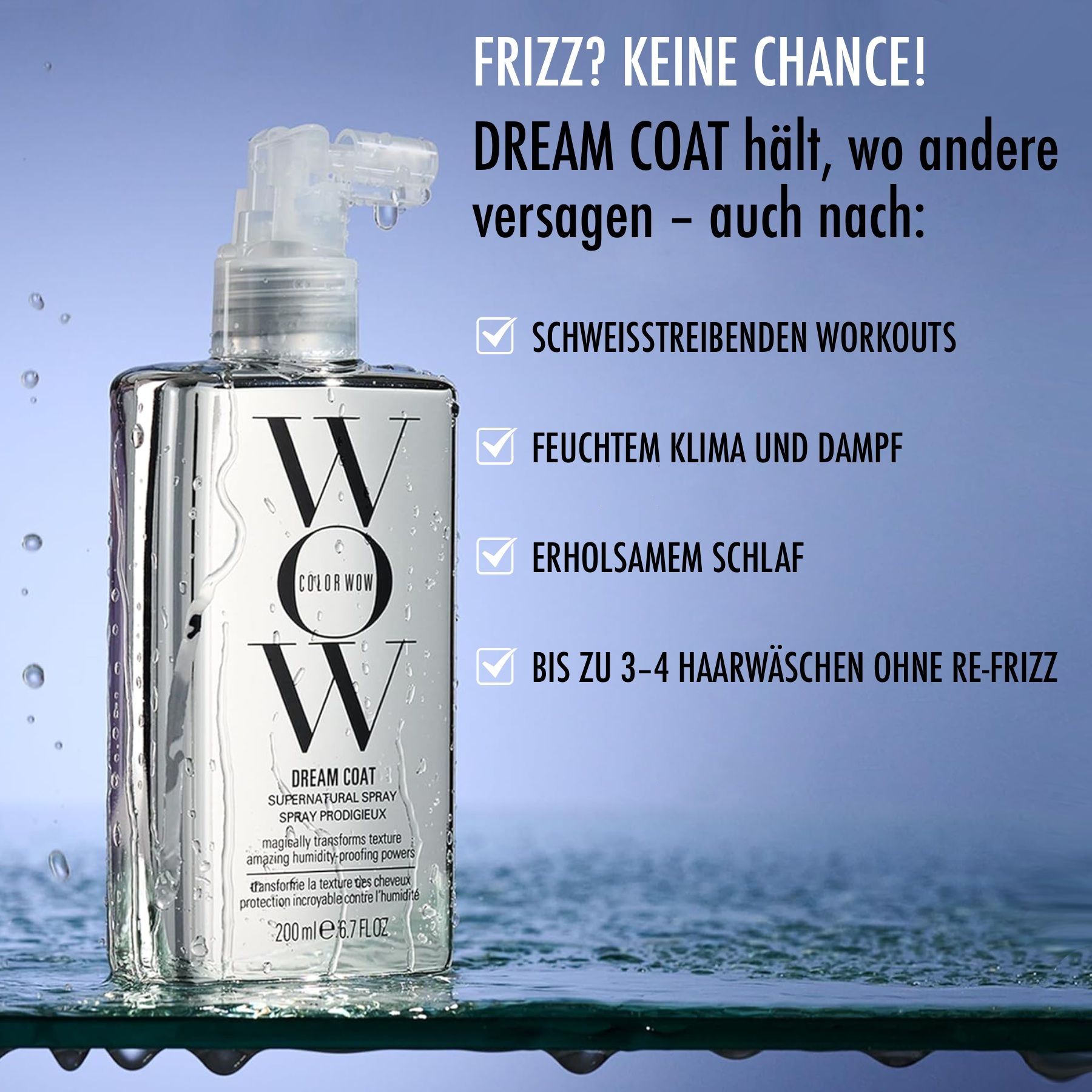 COLOR WOW Dream Coat Spray. Flasche mit Sprühkopf. Text und Logo auf silbernem Hintergrund. Produktvorteile in deutscher Sprache.