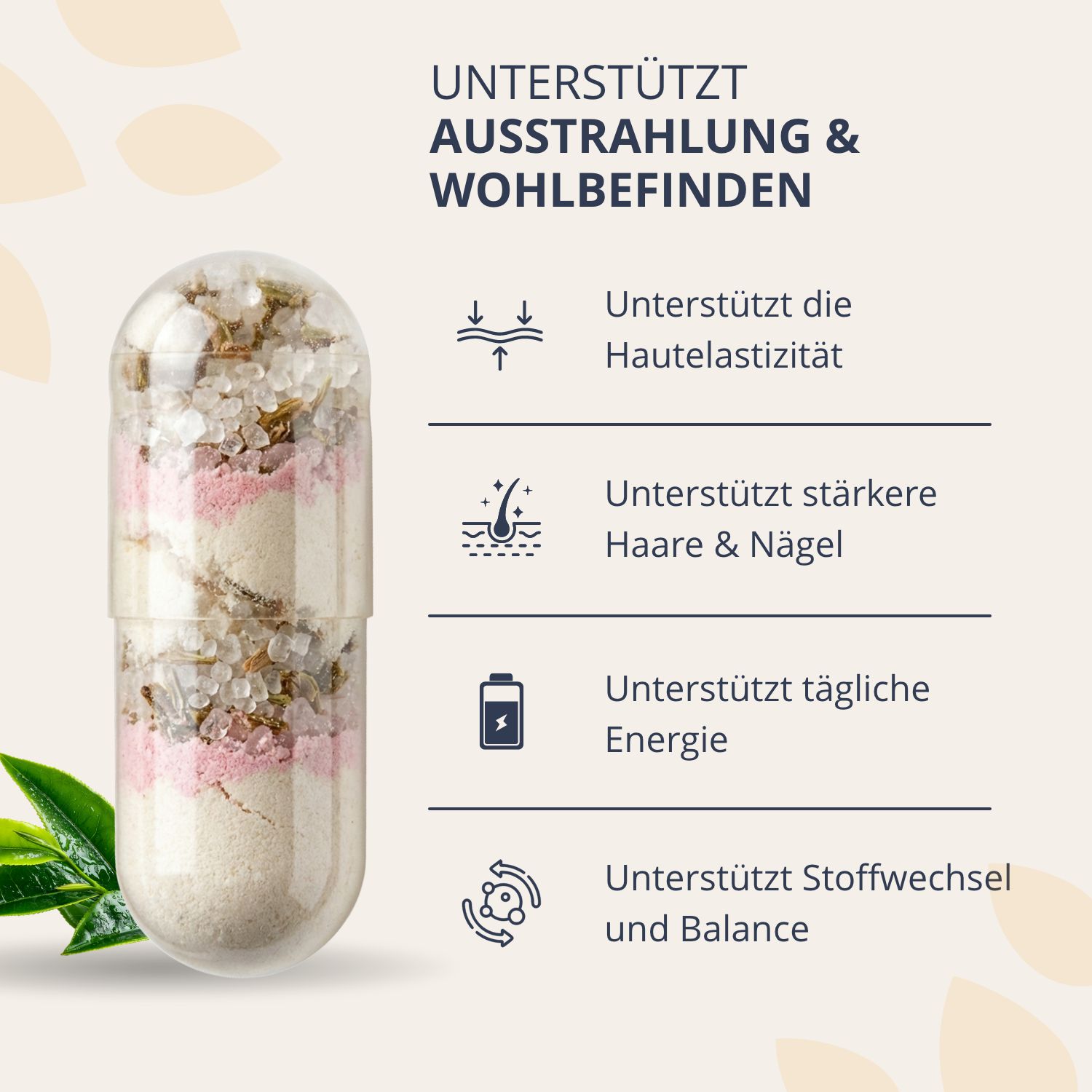 Detailansicht einer geöffneten Kapsel mit sichtbarem Inhalt. Unterstützt Hautelastizität, Haare, Nägel, Energie, Stoffwechsel.