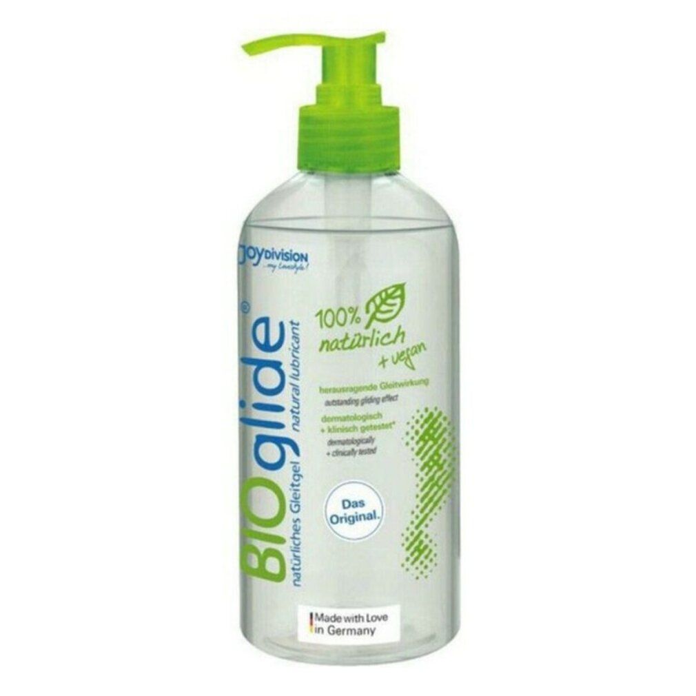 Transparente Flasche mit grünem Pumpkopf. Aufschrift BIOglide, 100% natürlich + vegan. Made in Germany.