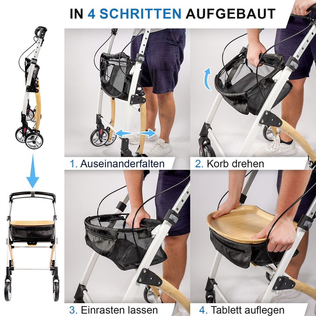 Rollator mit Sitz, Holz- und Metallkonstruktion. Vier Räder, schwarze Griffe, Korb. Aufbau in vier Schritten.